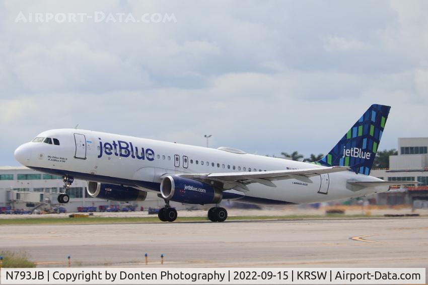 N793JB, 2011 Airbus A320-232 C/N 4647, JetBlue Flight 1712 departs Runway 6 at Southwest Florida International Airport enroute to Newark-Liberty International Airport