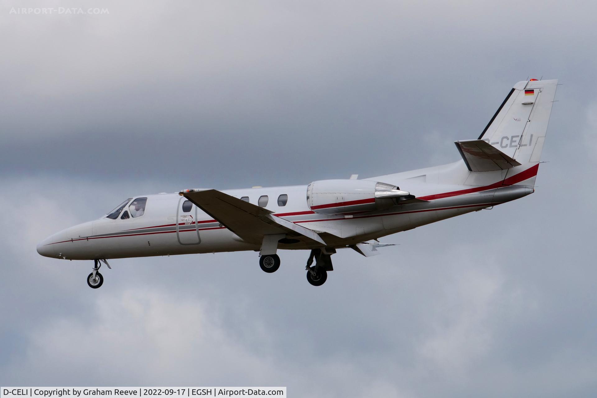 D-CELI, 2002 Cessna 550 Citation Bravo C/N 550-0998, Landing at Norwich.