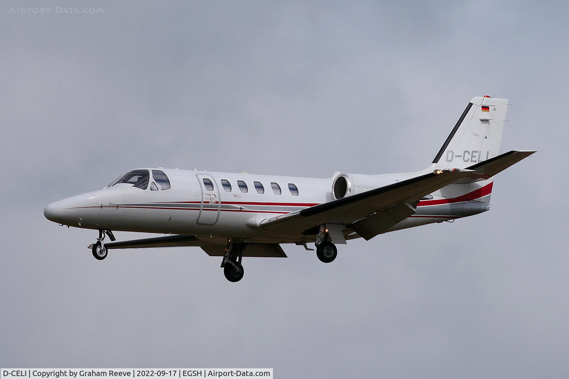 D-CELI, 2002 Cessna 550 Citation Bravo C/N 550-0998, Landing at Norwich.