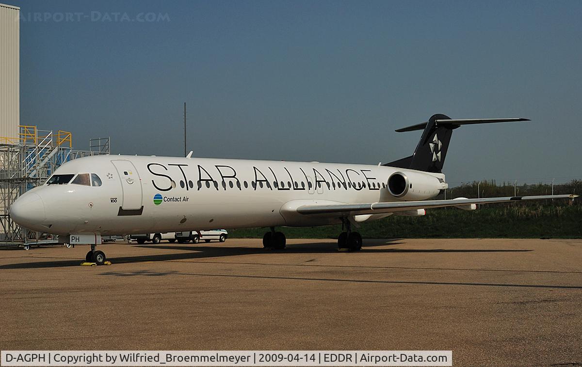 D-AGPH, 1990 Fokker 100 (F-28-0100) C/N 11308, Contact Air (Star Alliance c/s) - Parked at Saarbruecken Airport.