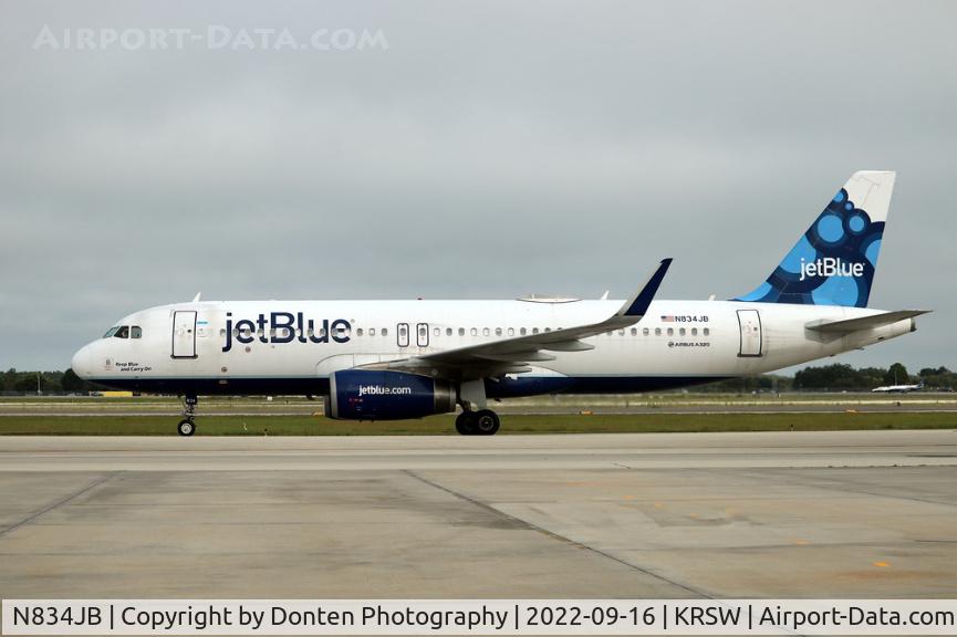 N834JB, 2013 Airbus A320-232 C/N 5782, JetBlue Flight 1711 taxis to the gate at Southwest Florida International Airport following flight from Newark-Liberty International Airport