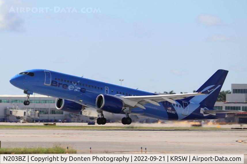 N203BZ, 2021 Airbus A220-300 C/N 55128, Breeze Flight 244 departs Runway 6 at Southwest Florida International Airport enroute to Harry Reid International Airport