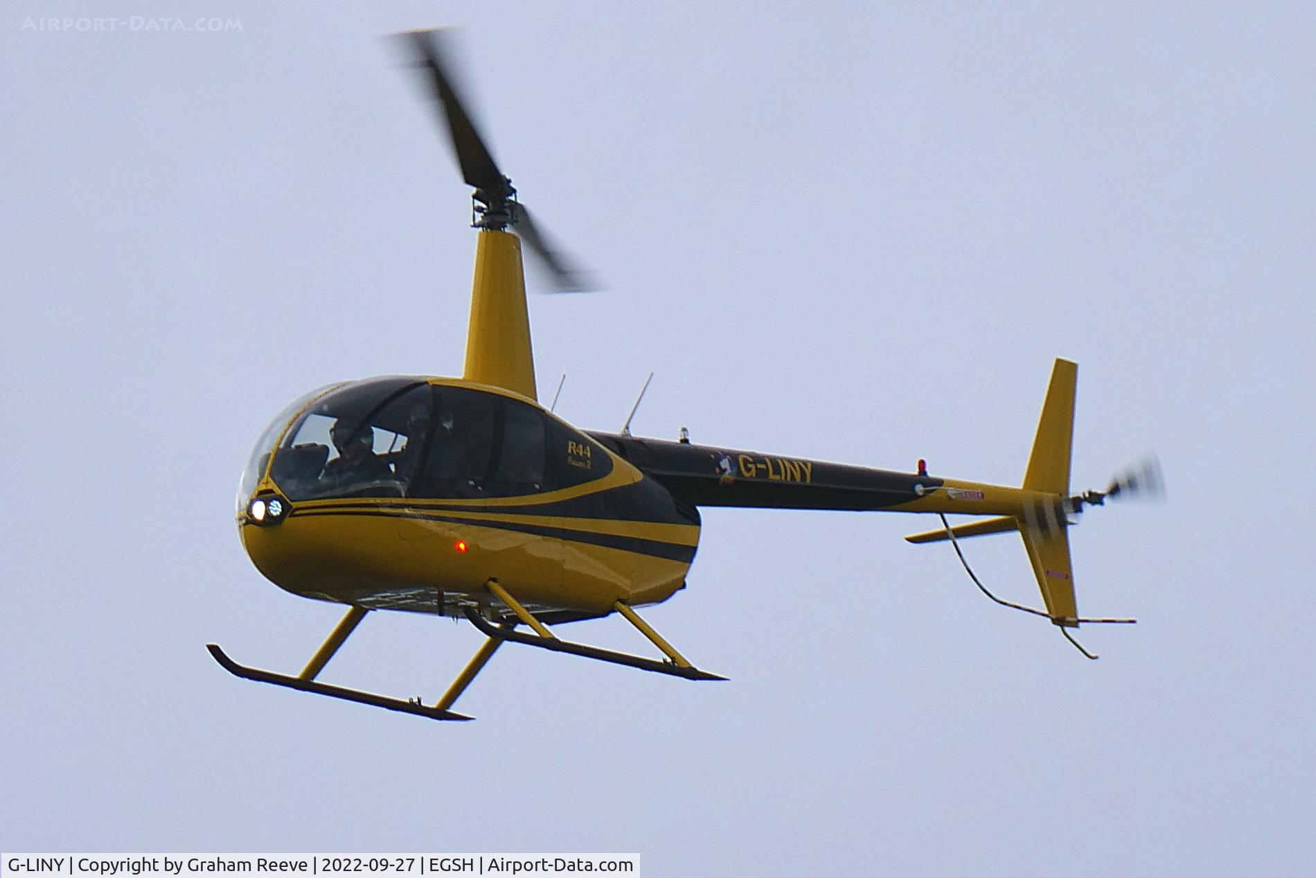 G-LINY, 2008 Robinson R44 Raven II C/N 12356, Landing at Norwich.