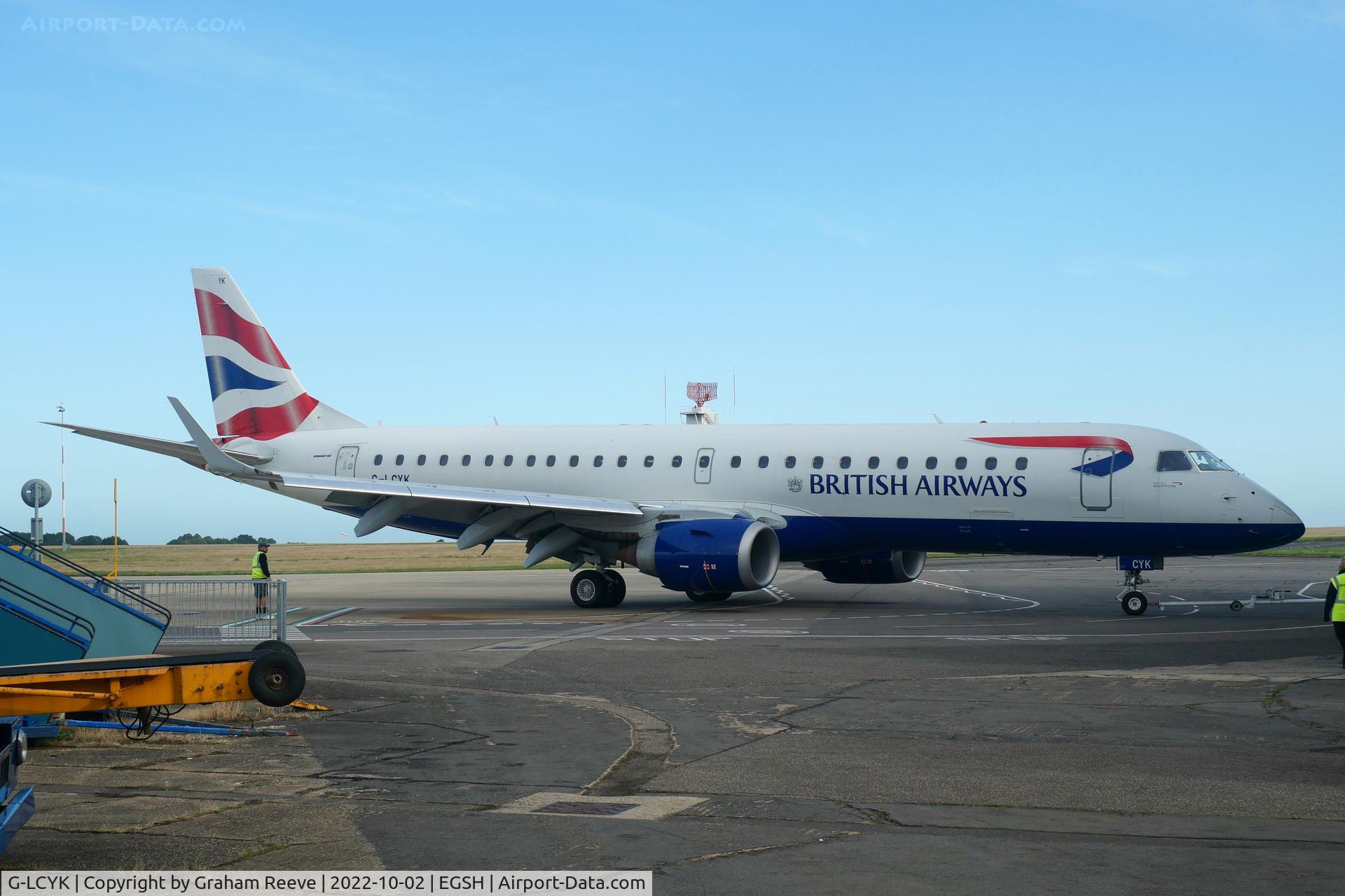 G-LCYK, 2010 Embraer 190SR (ERJ-190-100SR) C/N 19000343, Under tow at Norwich.