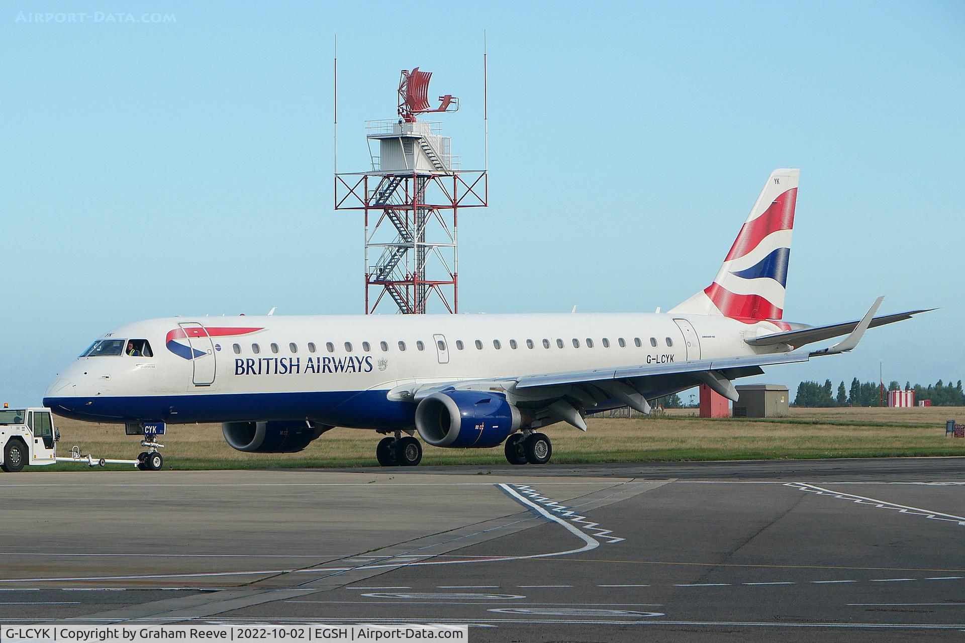 G-LCYK, 2010 Embraer 190SR (ERJ-190-100SR) C/N 19000343, Under tow at Norwich.