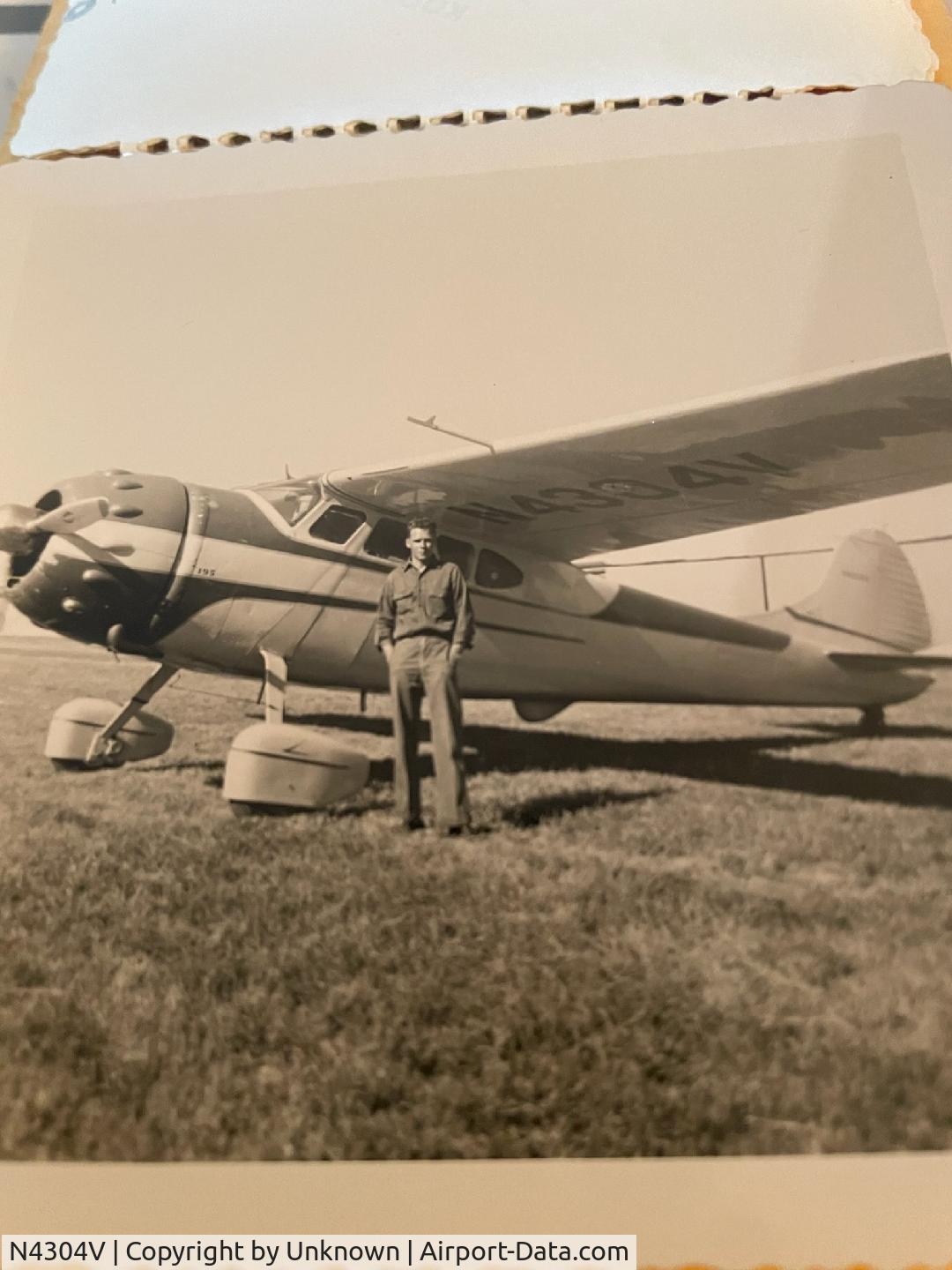 N4304V, Cessna 195 C/N 7208, Possibly taken at Lebanon OR, circa 1956. Philip A. Wright in photo