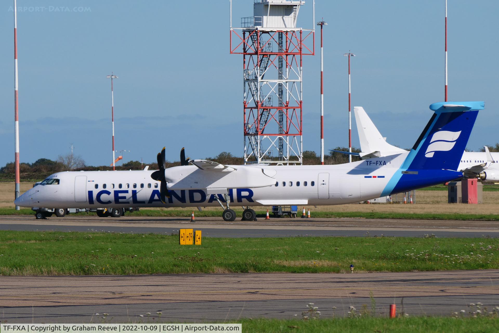 TF-FXA, 2001 Bombardier DHC-8-402 Q400 Dash 8 C/N 4022, Parked at Norwich.