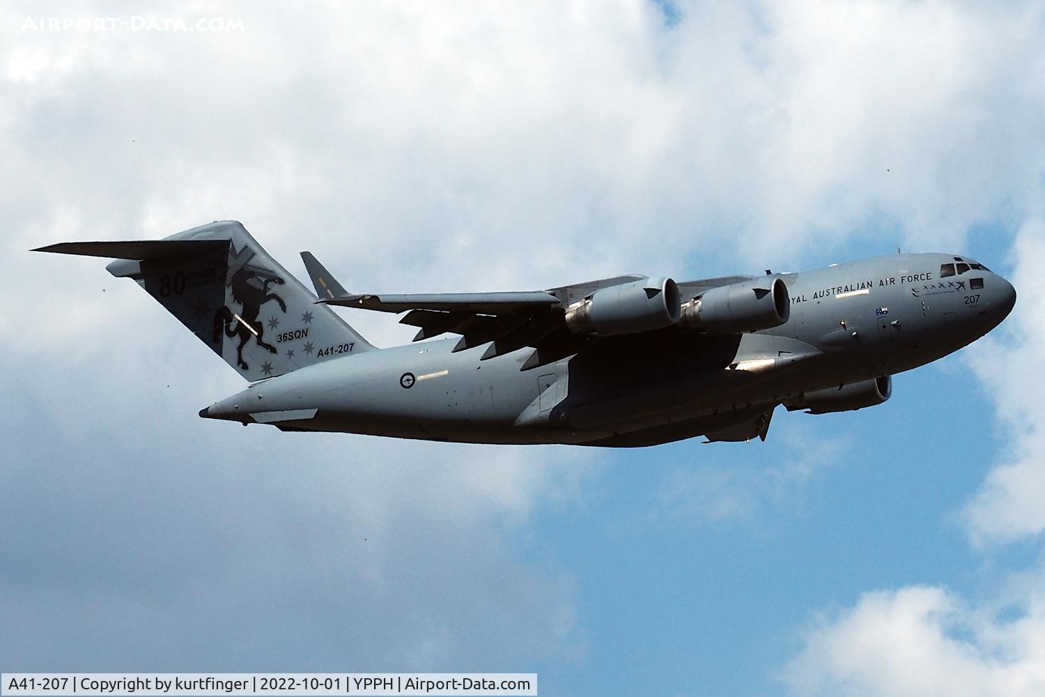 A41-207, 2007 Boeing C-17A Globemaster III C/N F-173, Boeing C-17A, cn50174/F173. RAAF serial A41-207 depature rwy 21 YPPH. 01 Oct 2022. With the 36 Sqn 80th anniversary markings.