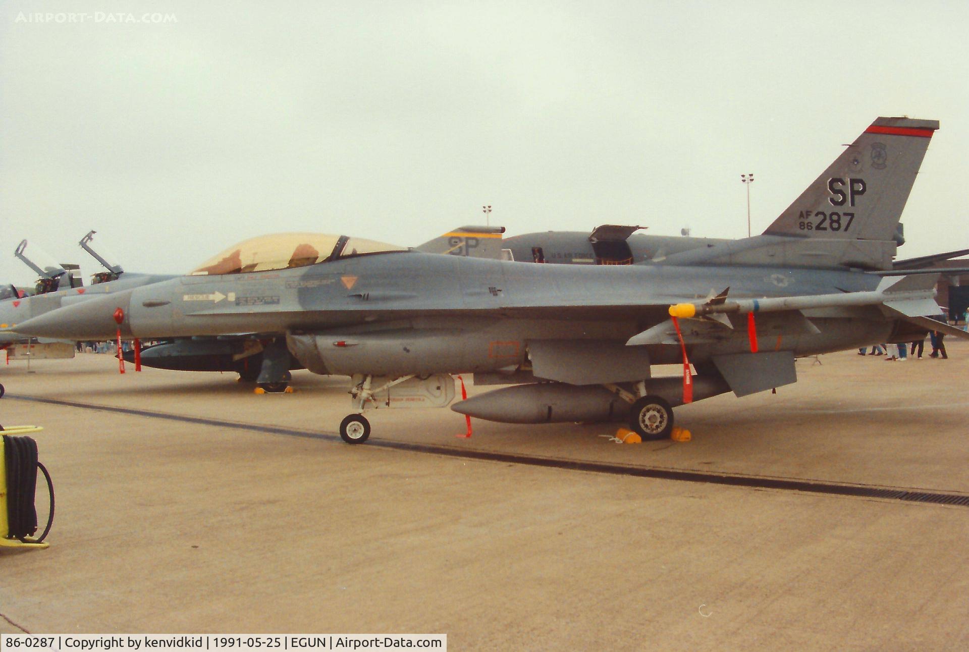 86-0287, 1986 General Dynamics F-16C Fighting Falcon C/N 5C-393, At the 1991 Mildenhall Air Fete. Scanned from print.