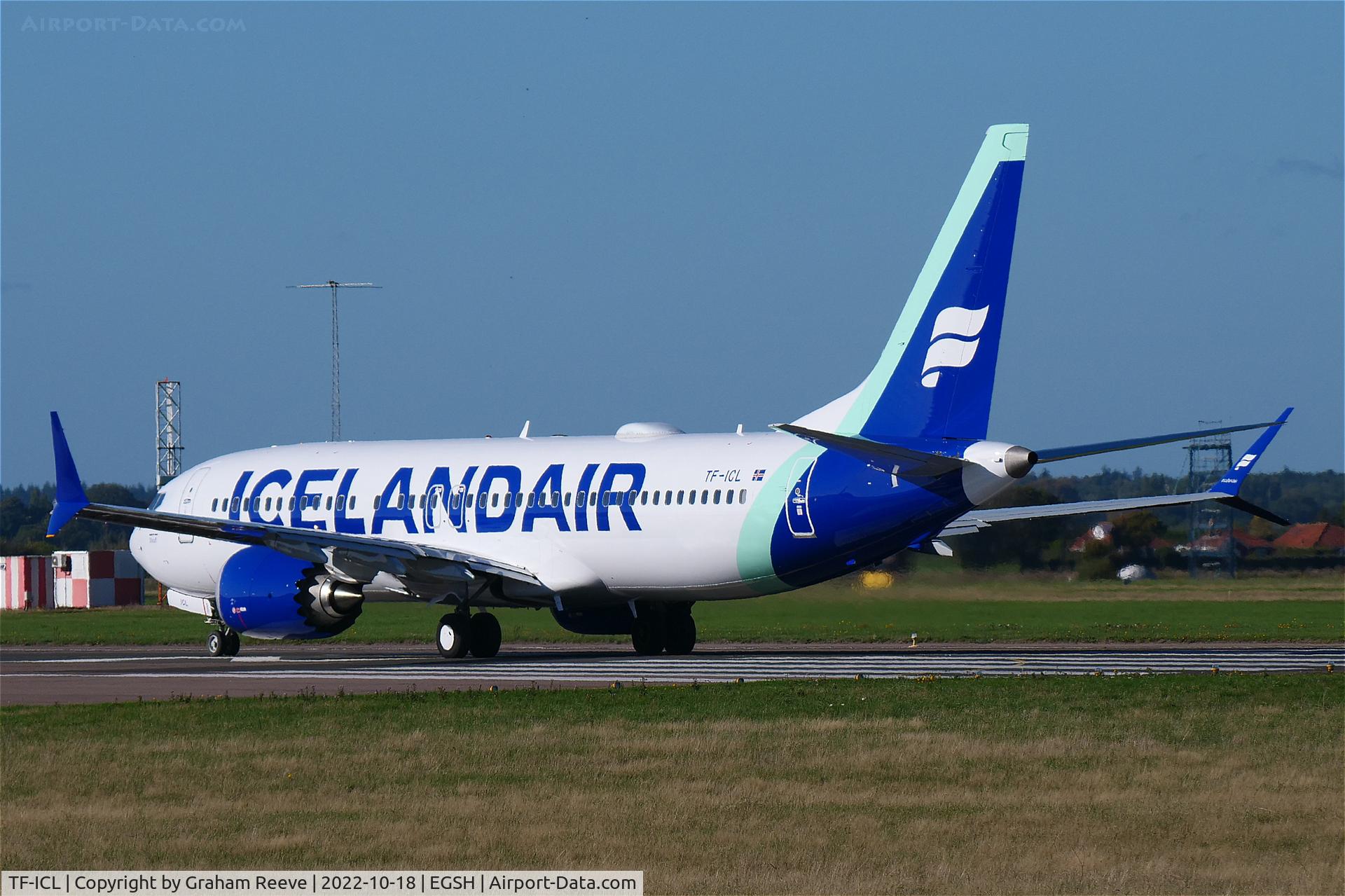 TF-ICL, 2019 Boeing 737-8 MAX C/N 60009, Departing from Norwich after a re-spray.