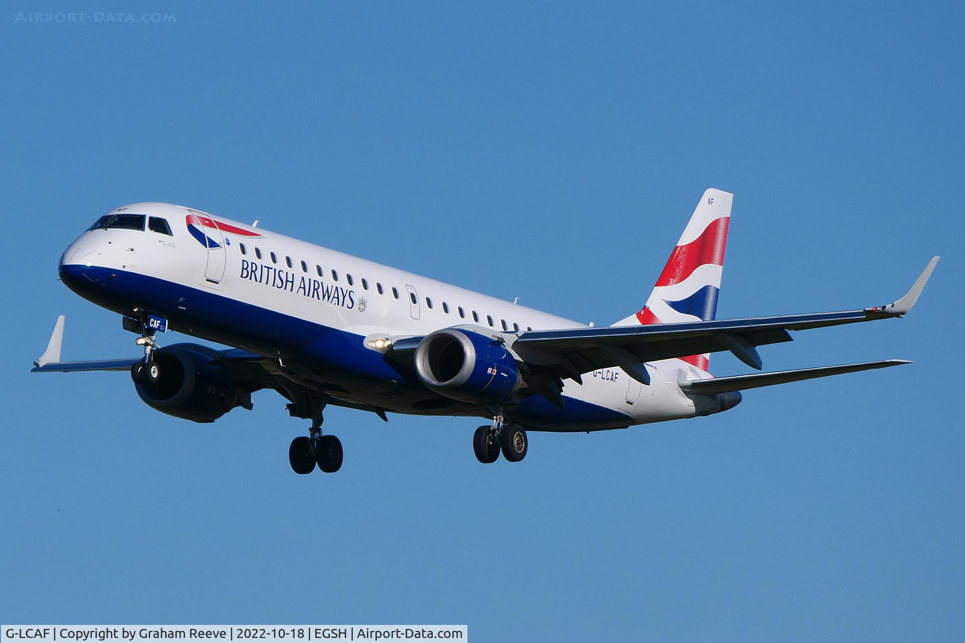 G-LCAF, 2012 Embraer 190LR (ERJ-190-100LR) C/N 19000548, Landing at Norwich.