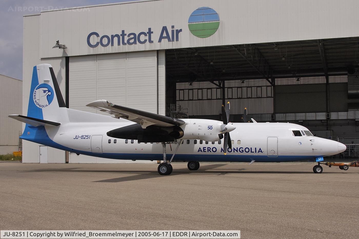 JU-8251, 1992 Fokker 50 C/N 20251, Aero Mongolia - for maintenance at Contact Air Technics at Saarbruecken.