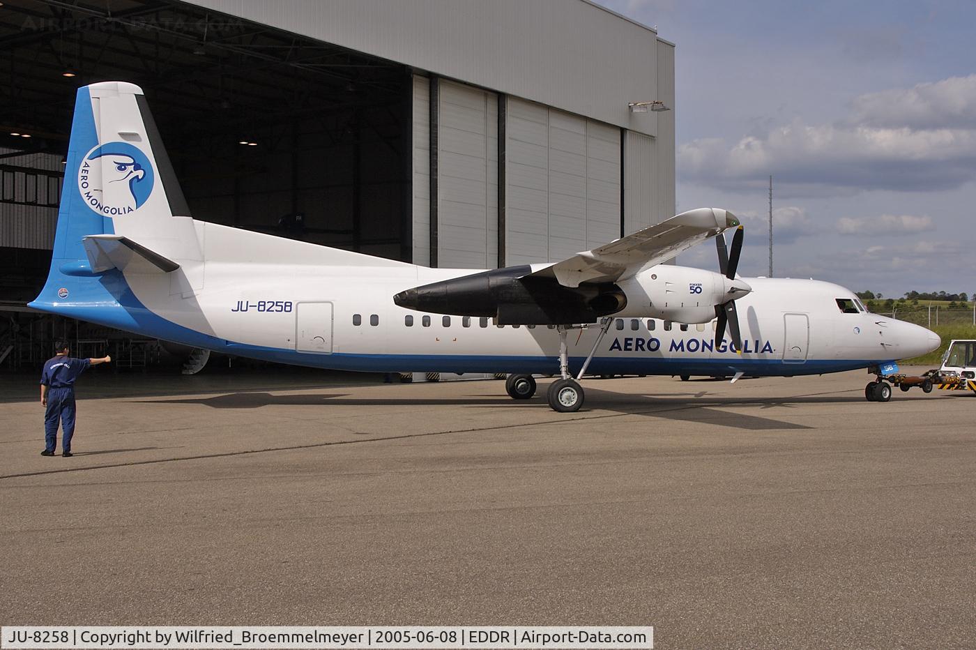 JU-8258, 1992 Fokker 50 C/N 20258, Aero Mongolia - in front of our maintenance hangar at Contact Air Technics at Saarbruecken.