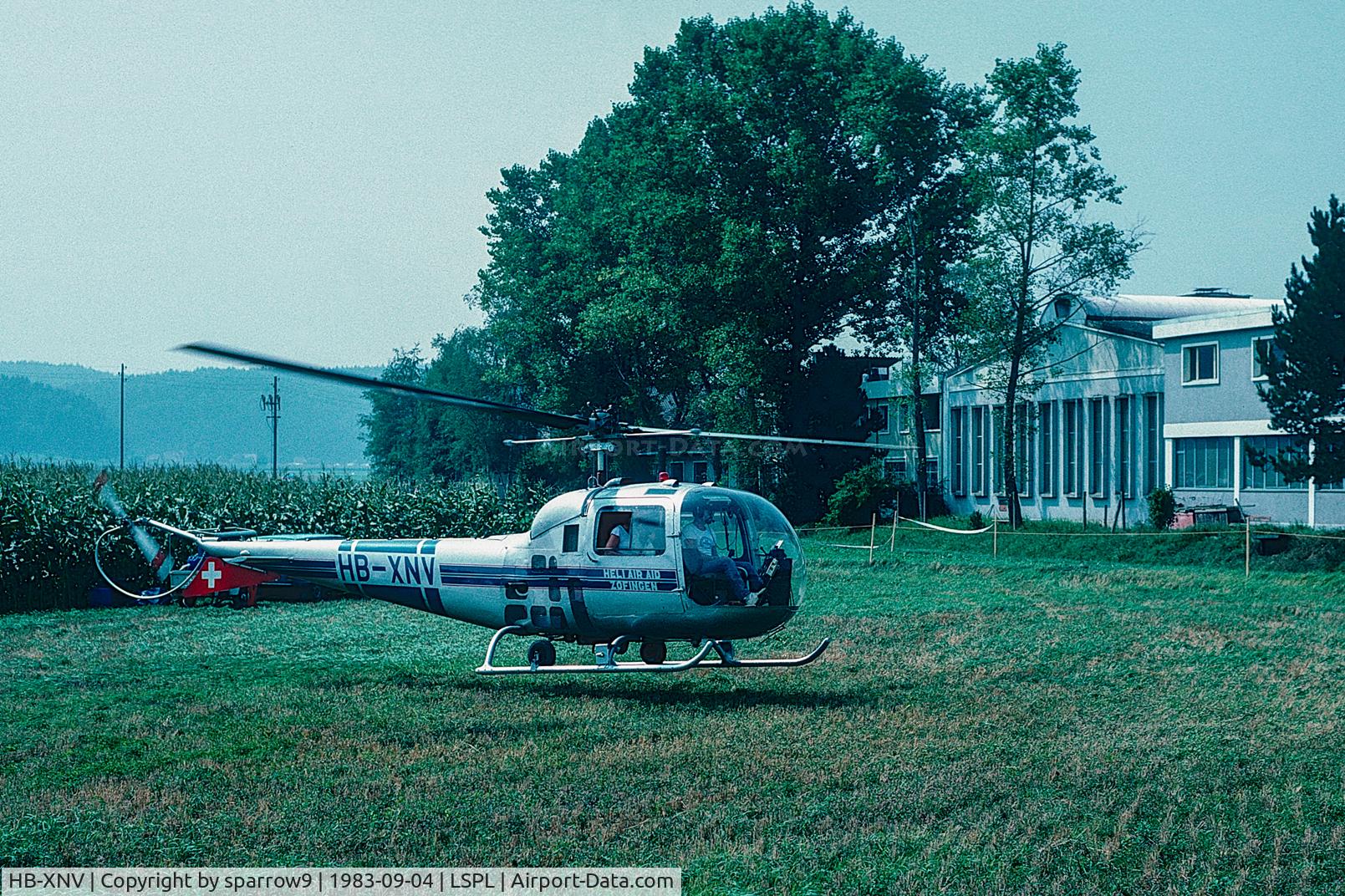 HB-XNV, 1961 Agusta AB-47J-3 Ranger C/N 2008, During its life it was uprated from a 47J-2 Ranger to a 47J-3 Super Ranger with a Lycoming VO-540-B1B3 engine. it was destroyed in an accident 1984-05-12. Seen at Fliegerchilbi Bleienbach. Scanned from a slide. Cancelled from Swiss register 1985-09-27.
