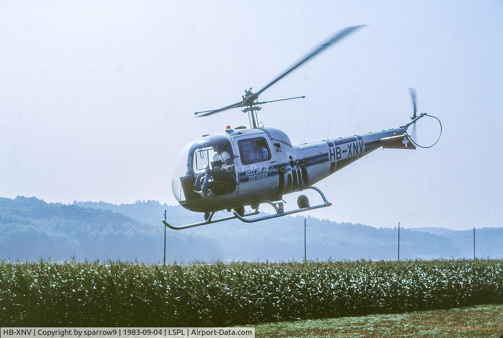 HB-XNV, 1961 Agusta AB-47J-3 Ranger C/N 2008, During its life it was uprated from a 47J-2 Ranger to a 47J-3 Super Ranger with a Lycoming VO-540-B1B3 engine. it was destroyed in an accident 1984-05-12. Seen at Fliegerchilbi Bleienbach. Scanned from a slide. Cancelled from Swiss register 1985-09-27.