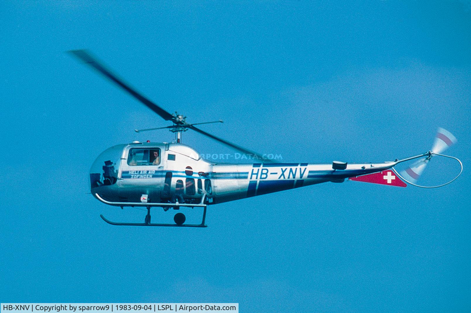 HB-XNV, 1961 Agusta AB-47J-3 Ranger C/N 2008, During its life it was uprated from a 47J-2 Ranger to a 47J-3 Super Ranger with a Lycoming VO-540-B1B3 engine. it was destroyed in an accident 1984-05-12. Seen at Fliegerchilbi Bleienbach. Scanned from a slide. Cancelled from Swiss register 1985-09-27. 
