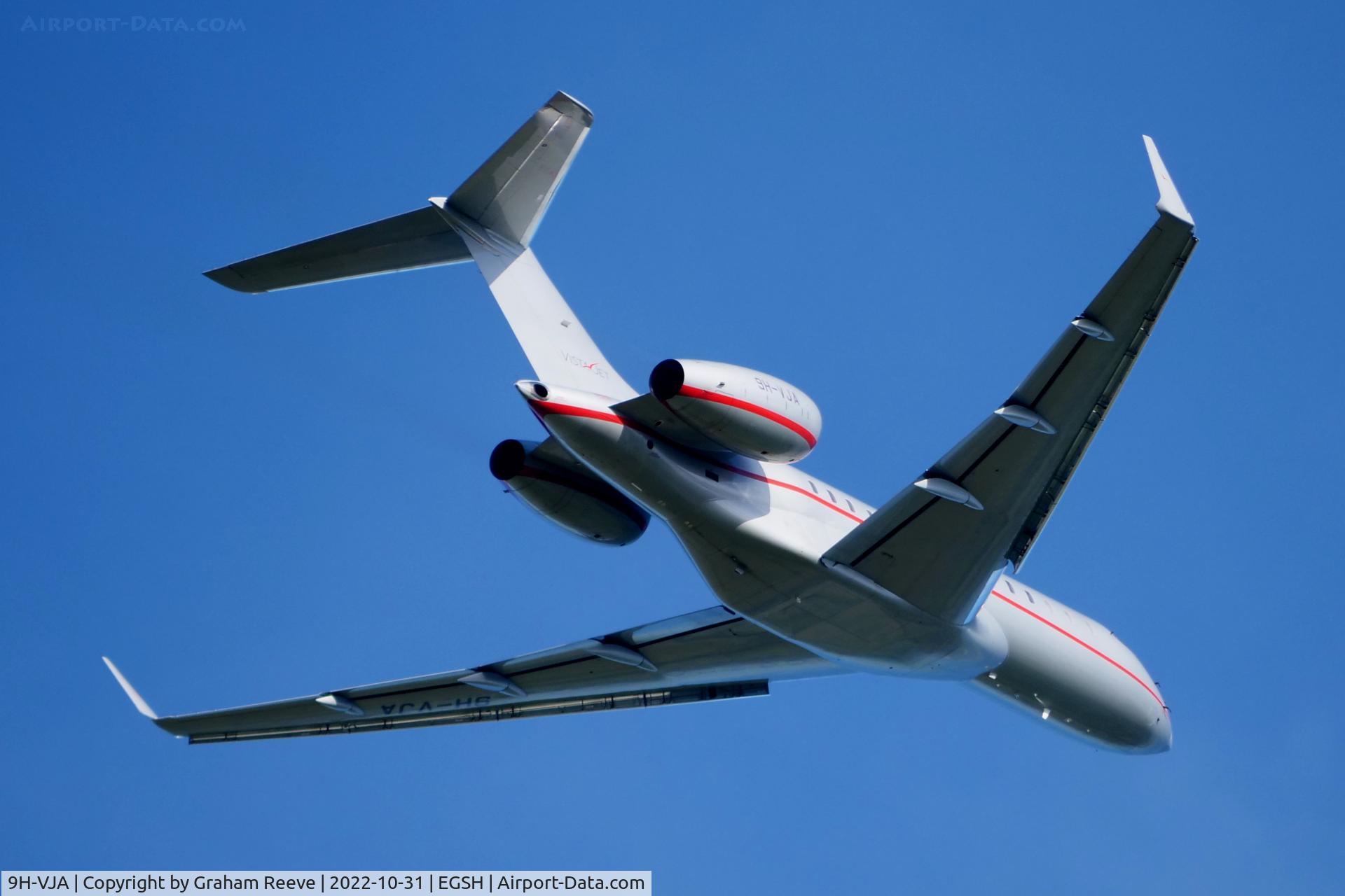 9H-VJA, 2011 Bombardier BD-700-1A10 Global Express XRS C/N 9441, Departing from Norwich.