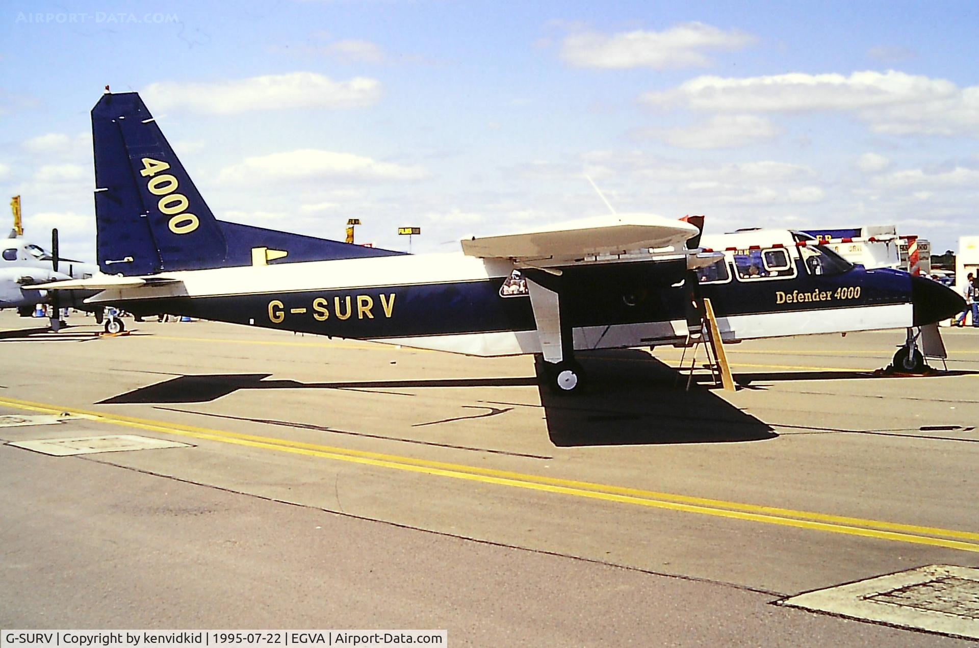 G-SURV, 1994 Pilatus Britten-Norman BN-2T Defender AL1 C/N 4005, At the 1995 Fairford International Air Tattoo, scanned from slide.