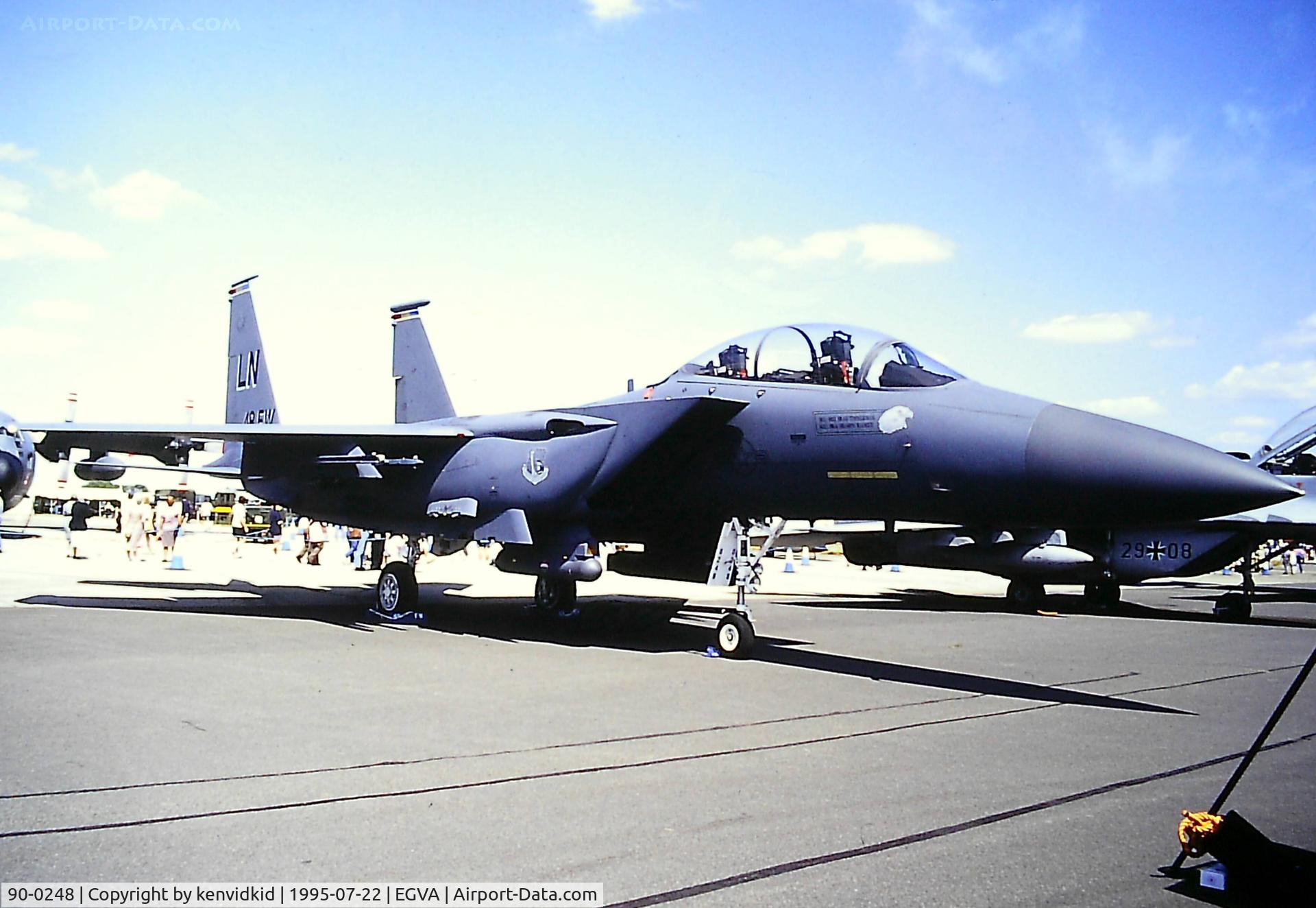 90-0248, 1990 McDonnell Douglas F-15E Strike Eagle C/N 1183/E150, At the 1995 Fairford International Air Tattoo, scanned from slide.