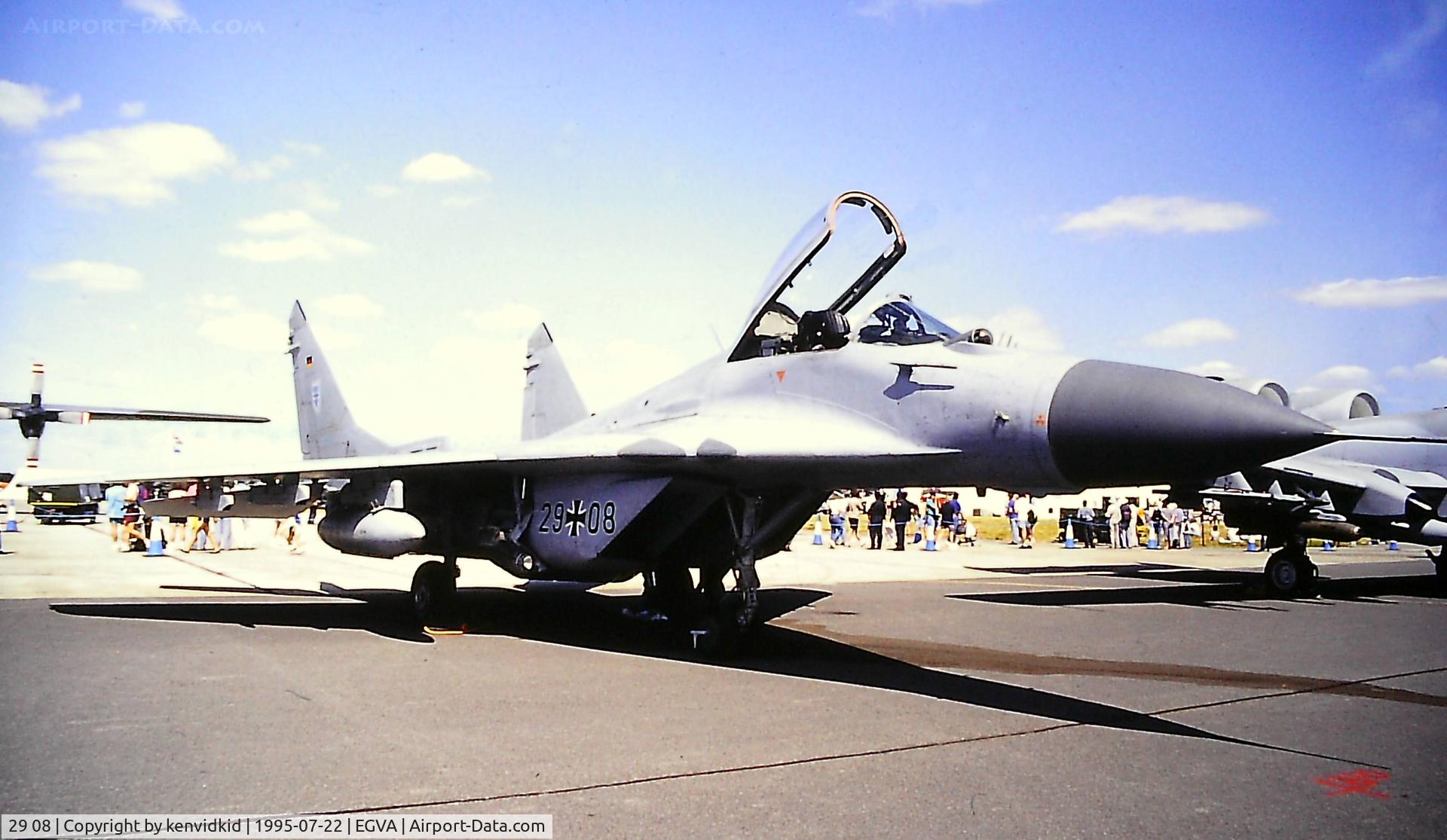 29 08, Mikoyan-Gurevich MiG-29 C/N 2960525118, At the 1995 Fairford International Air Tattoo, scanned from slide.