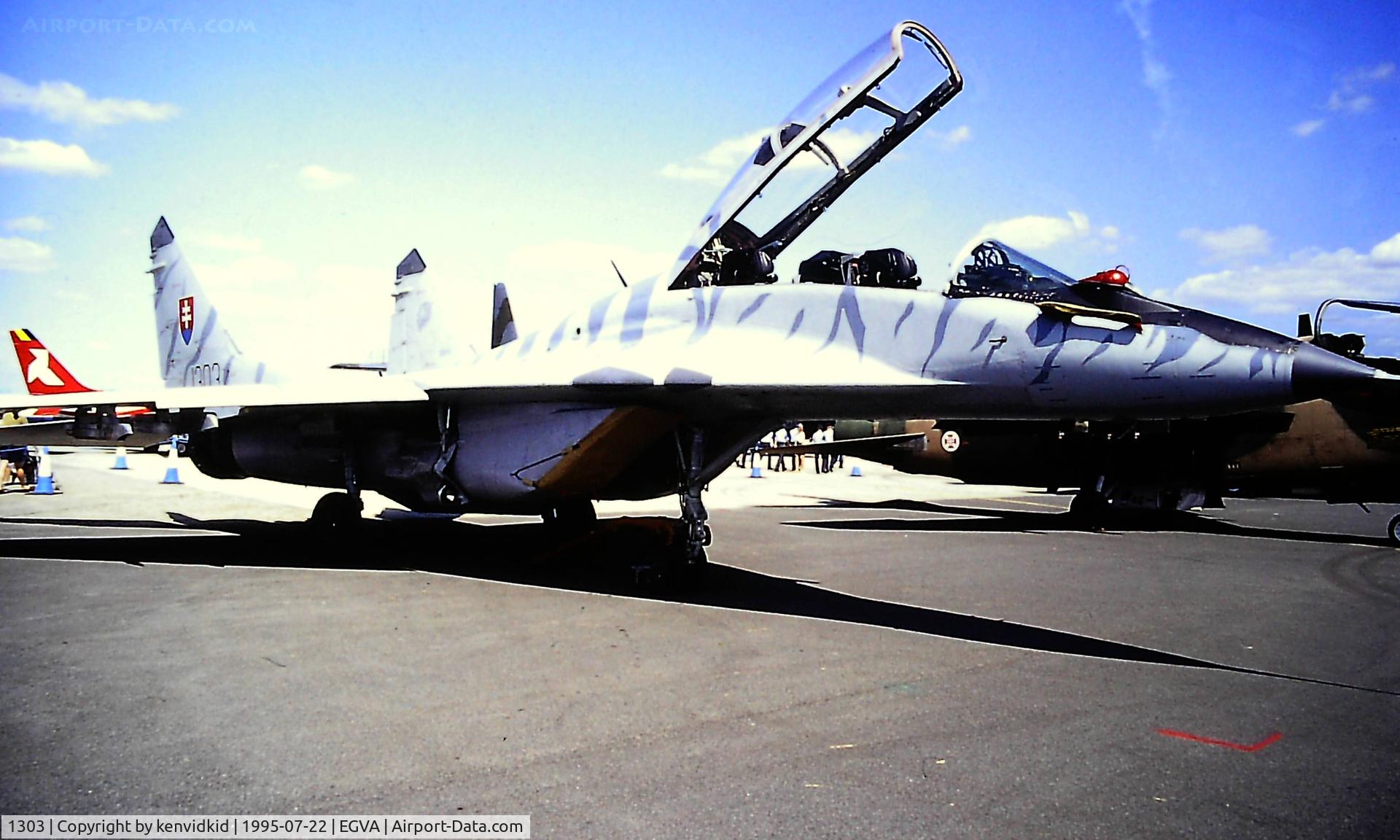 1303, Mikoyan-Gurevich MiG-29UB C/N N50903028113, At the 1995 Fairford International Air Tattoo, scanned from slide.