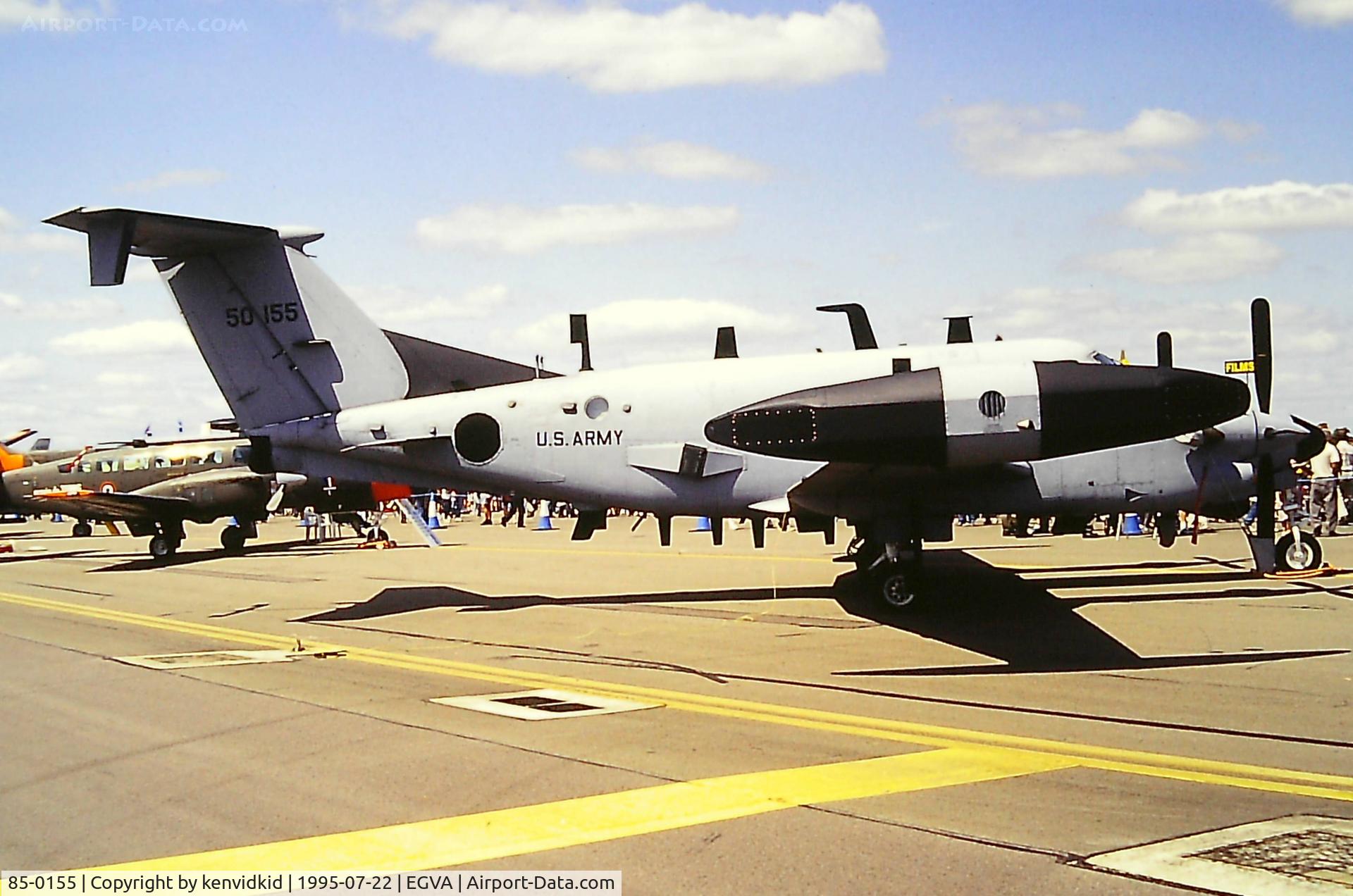 85-0155, 1985 Beech RC-12K Huron C/N FE-009, At the 1995 Fairford International Air Tattoo, scanned from slide.