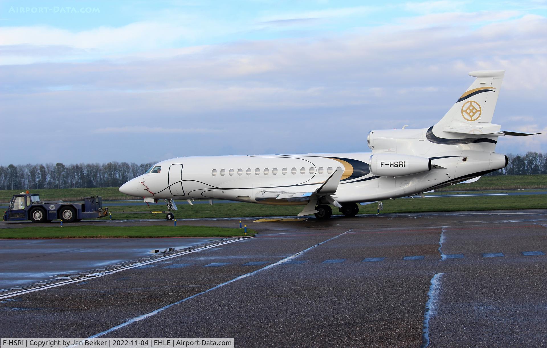 F-HSRI, 2017 Dassault Falcon 8X C/N 427, Lelystad Airport. Tugged from the apron to Satys where it will get a new livery