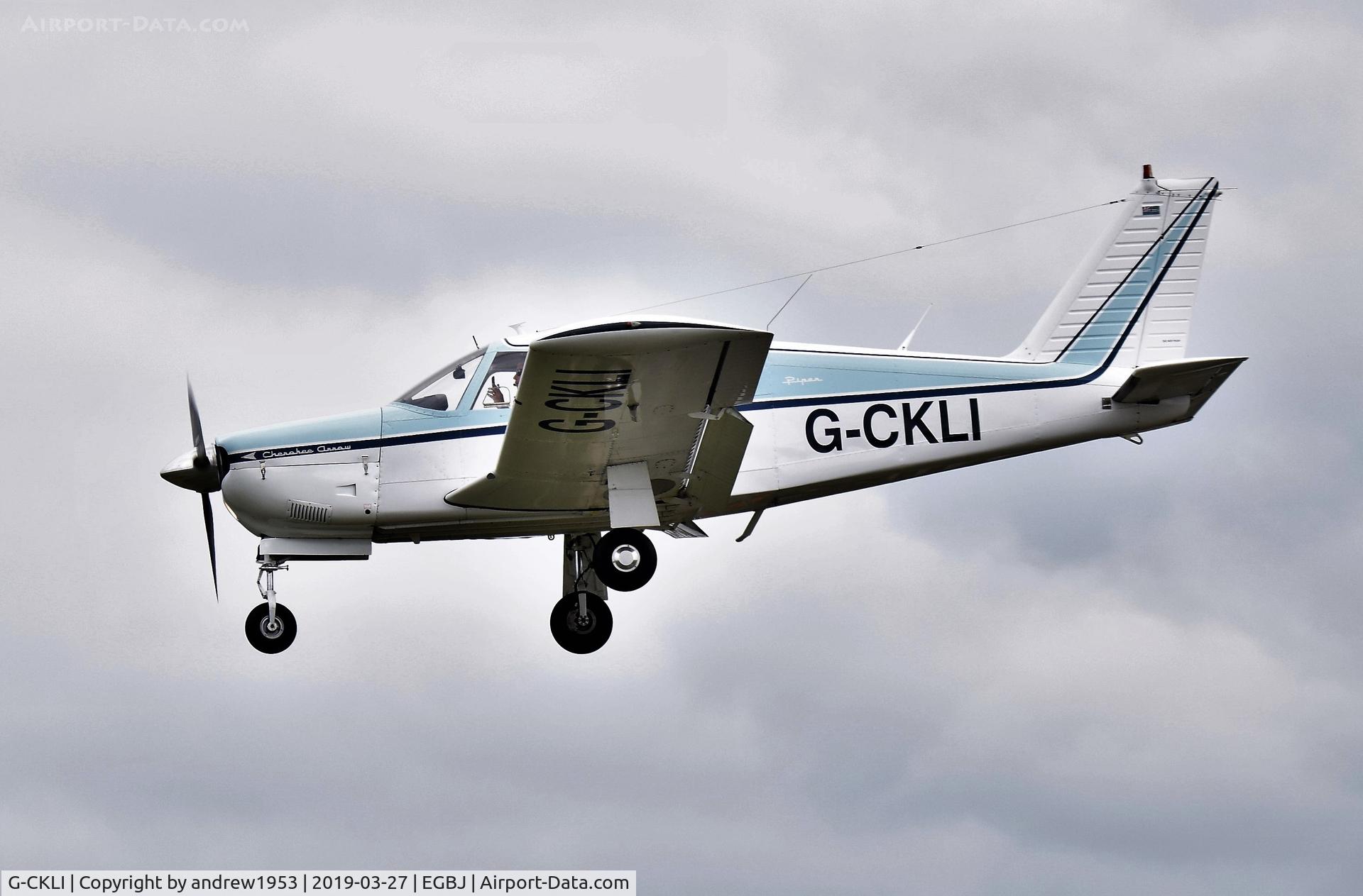 G-CKLI, 1968 Piper PA-28R-180 Cherokee Arrow C/N 28R-31079, G-CKLI landing at Gloucestershire Airport.