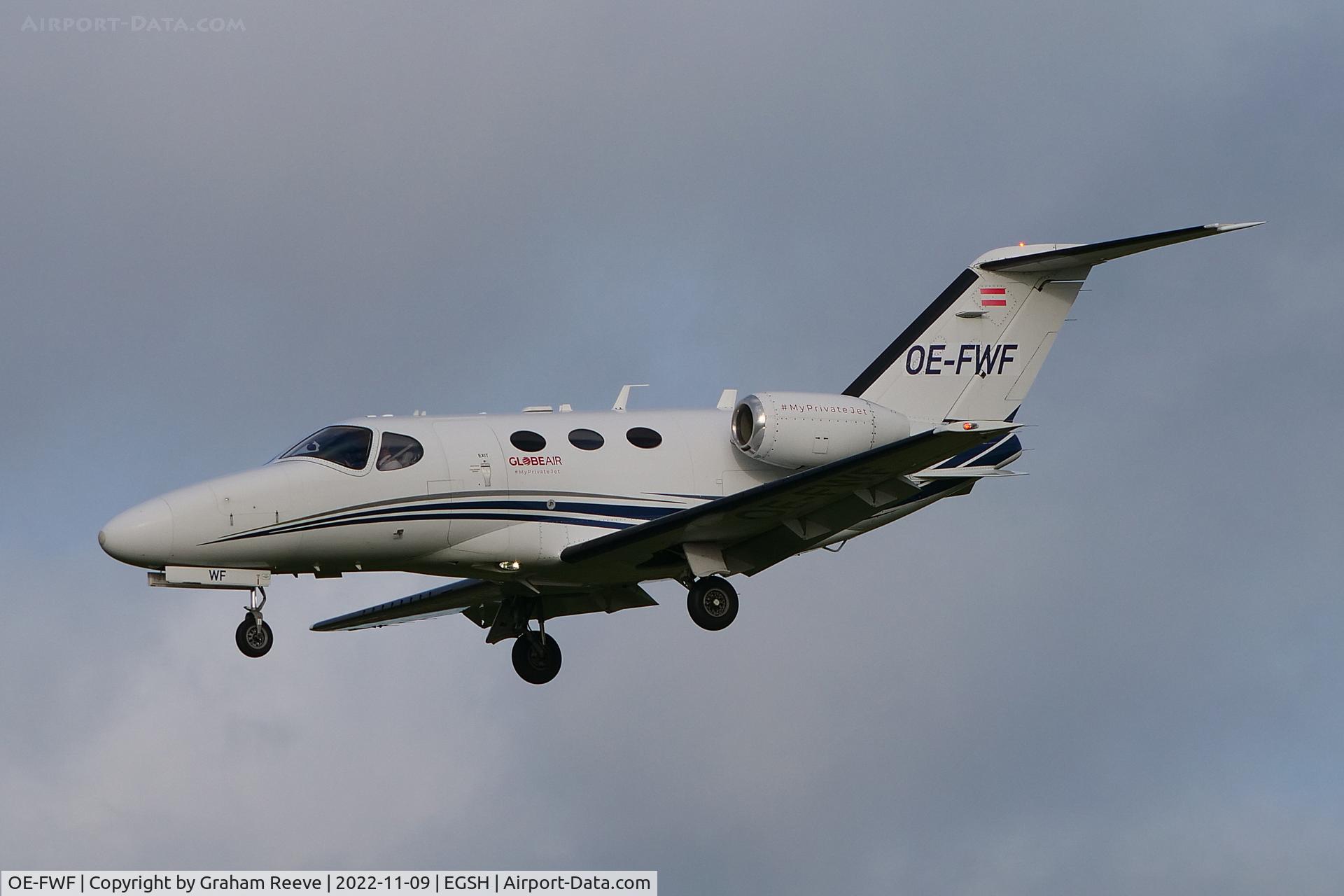 OE-FWF, 2007 Cessna 510 Citation Mustang Citation Mustang C/N 510-0048, Landing at Norwich.
