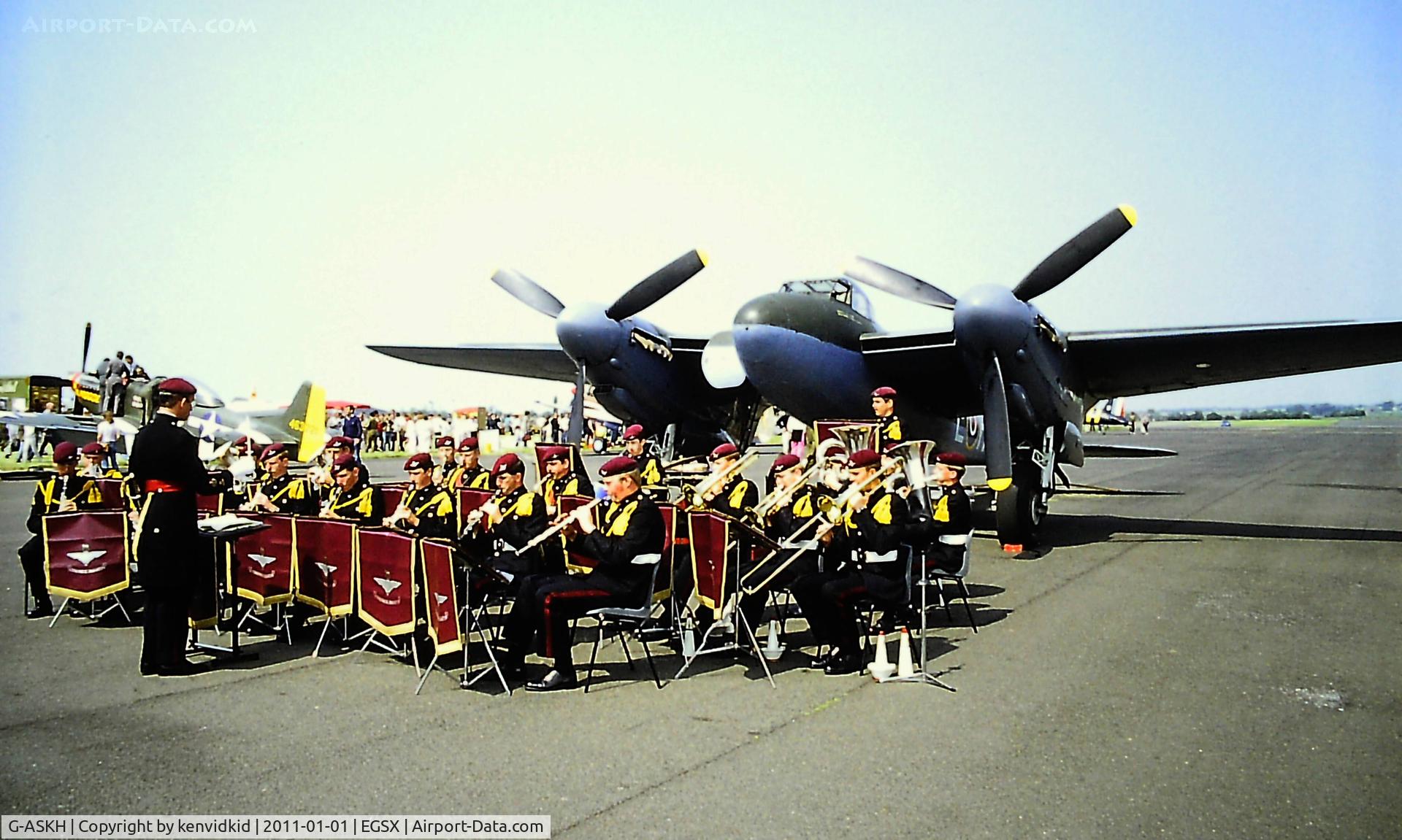 G-ASKH, 1965 De Havilland DH98 Mosquito T.3 C/N RR299, At North Weald with the Parachute Regiment band.