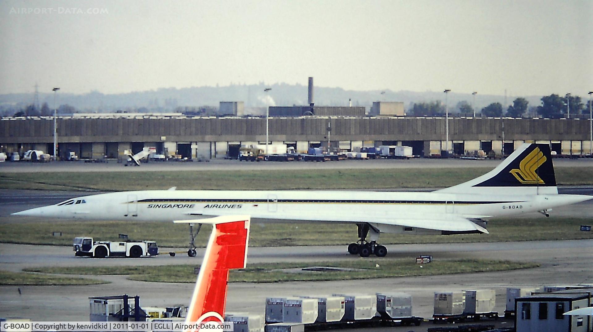 G-BOAD, 1976 Aerospatiale-BAC Concorde 1-102 C/N 100-010, At Heathrow. Copied from slide.