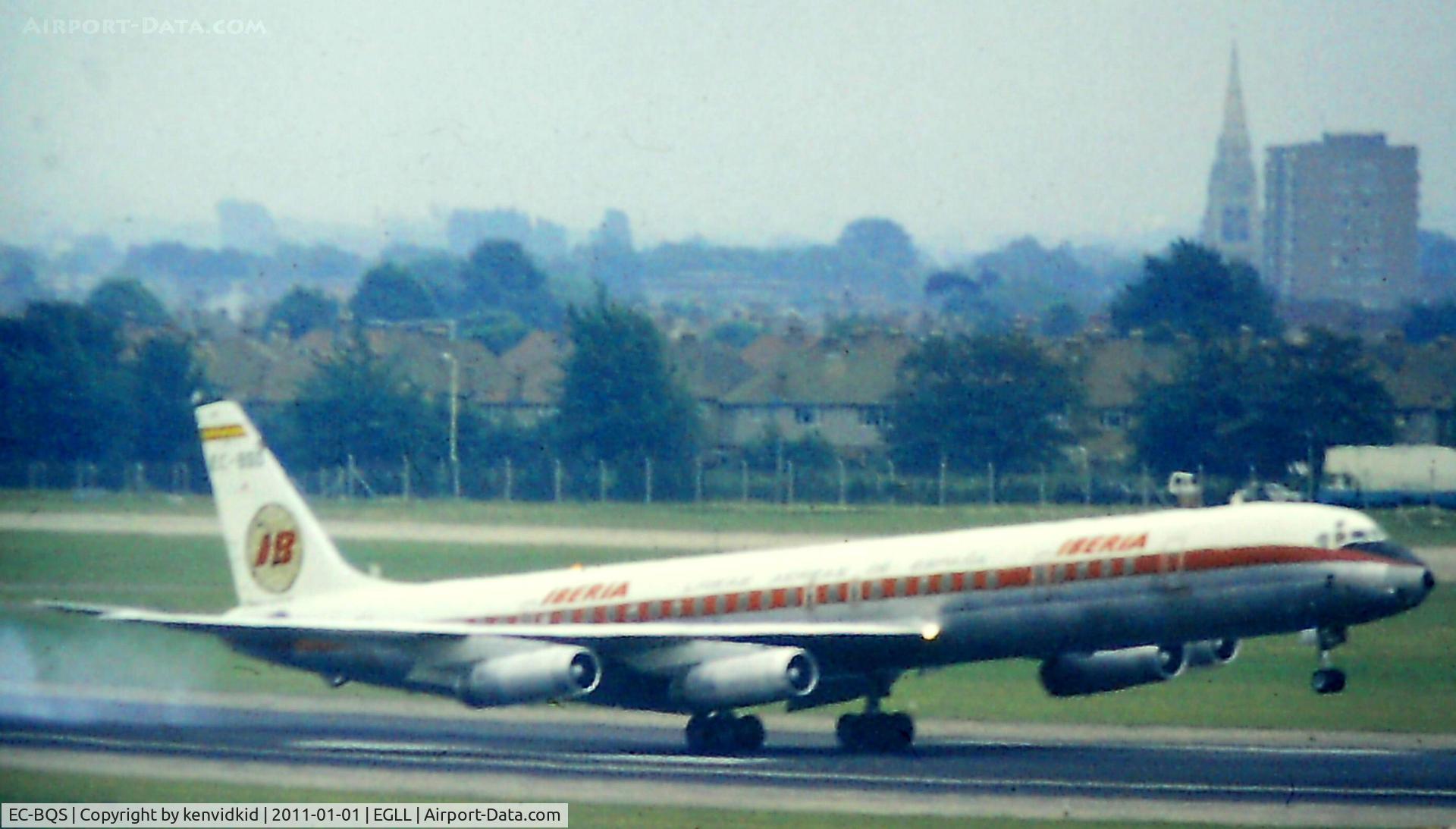 EC-BQS, 1969 Douglas DC-8-63 C/N 46079, At Heathrow. Copied from slide.
