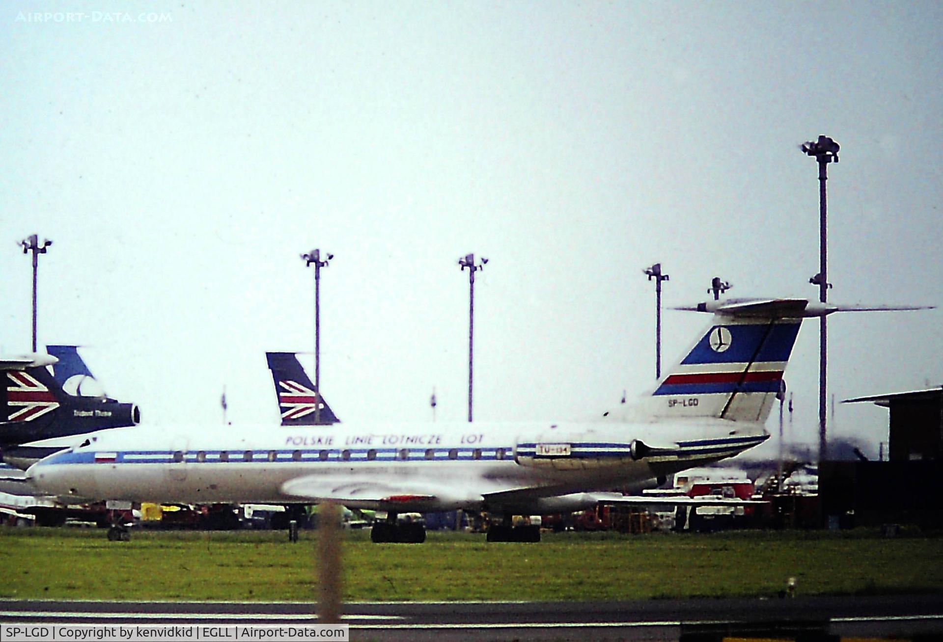 SP-LGD, 1969 Tupolev Tu-134 C/N 9350804, At Heathrow. Copied from slide.