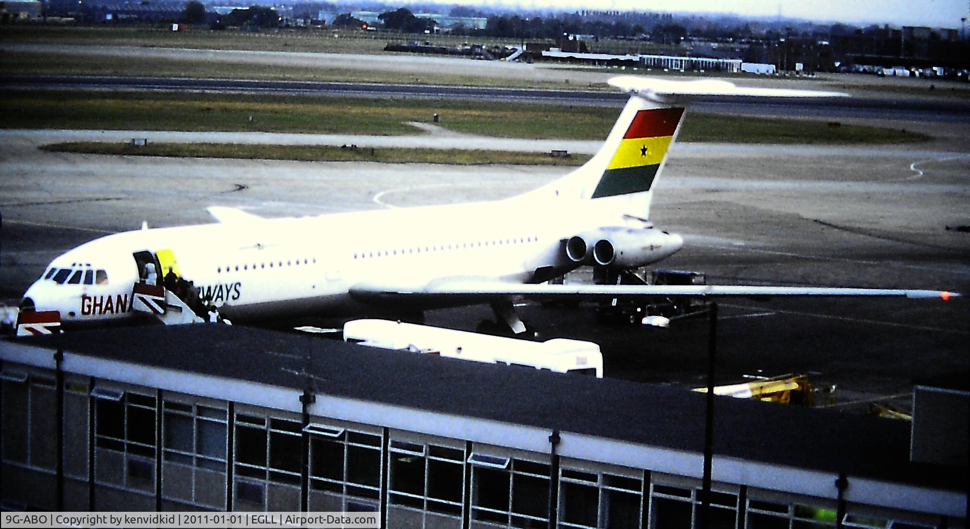 9G-ABO, 1964 Vickers VC10 Srs 1102 C/N 823, At Heathrow. Copied from slide.