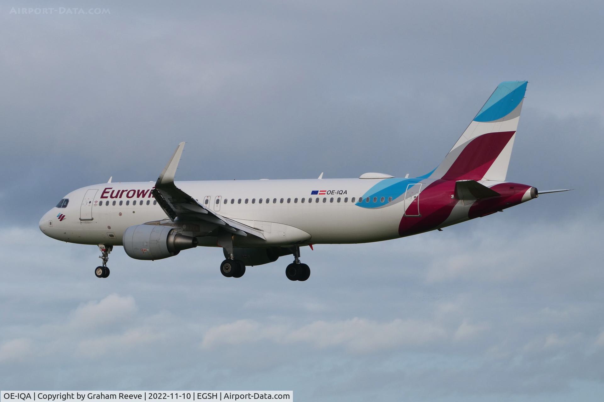 OE-IQA, 2016 Airbus A320-214 C/N 6992, Landing at Norwich.