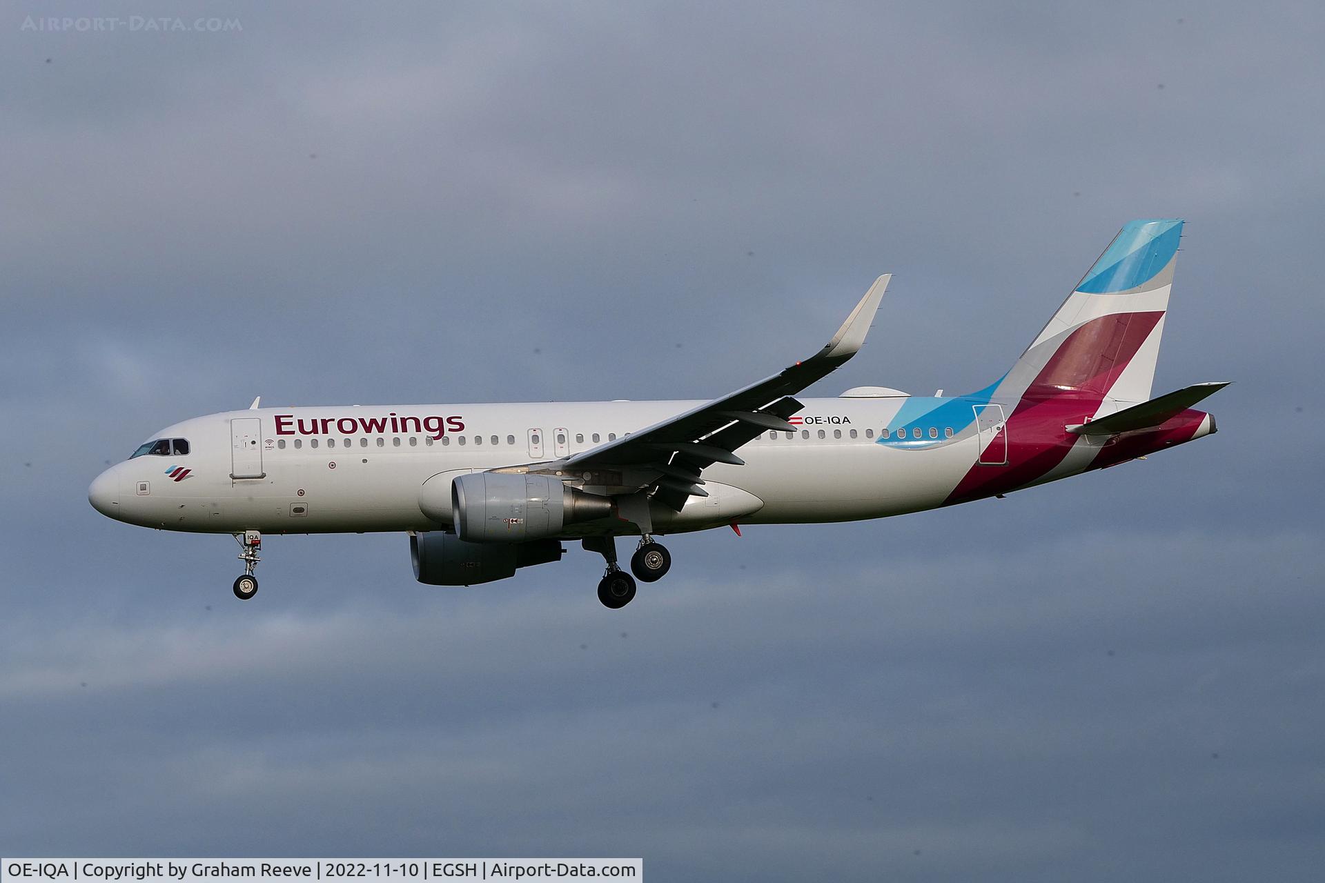 OE-IQA, 2016 Airbus A320-214 C/N 6992, Landing at Norwich.
