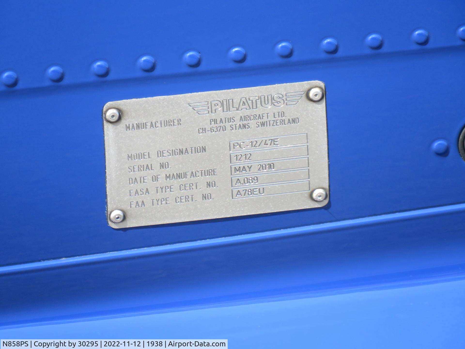 N858PS, 2010 Pilatus PC-12/47E C/N 1212, ID plate