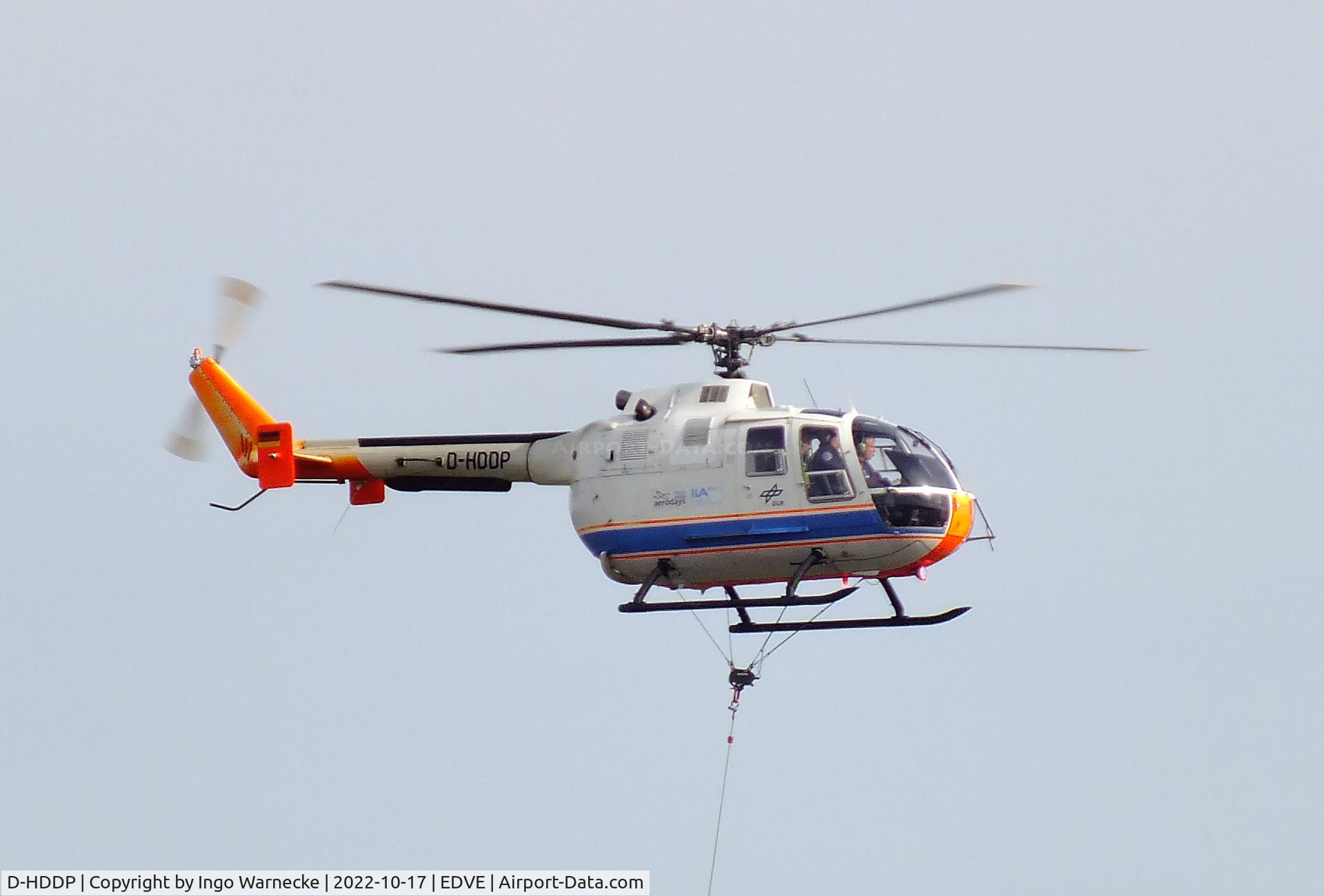 D-HDDP, 1973 MBB Bo.105C C/N S-123, MBB Bo 105C of the DLR, carrying an external load at Braunschweig-Wolfsburg airport, BS/Waggum