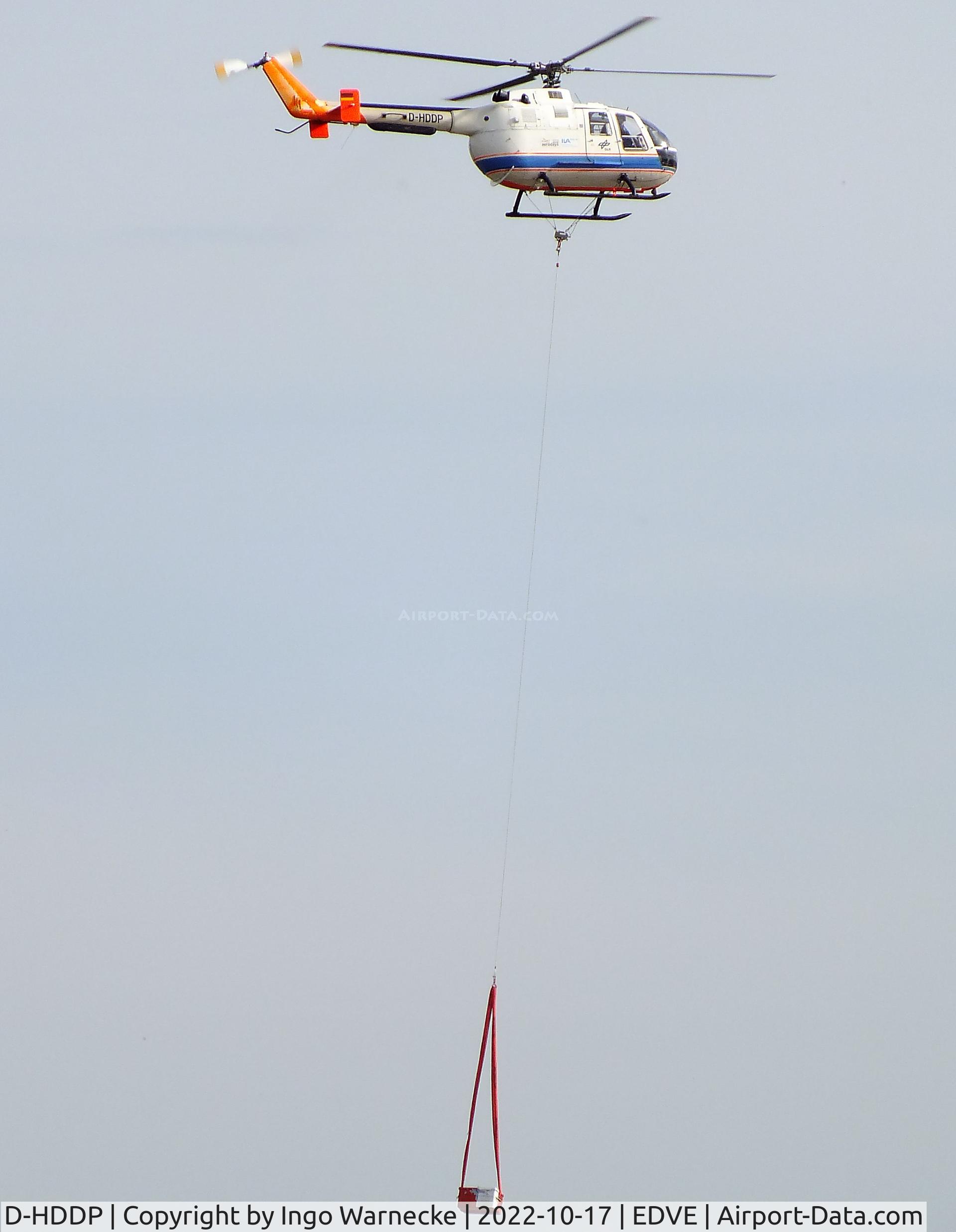 D-HDDP, 1973 MBB Bo.105C C/N S-123, MBB Bo 105C of the DLR, carrying an external load at Braunschweig-Wolfsburg airport, BS/Waggum