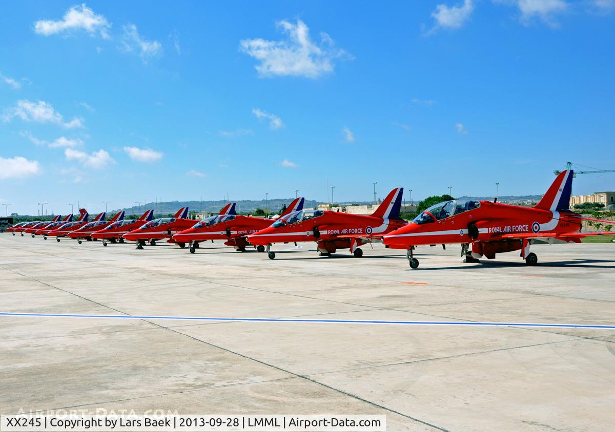 XX245, 1978 Hawker Siddeley Hawk T.1 C/N 081/312081, Red Arrows parked in line. Malta Air Show 2013