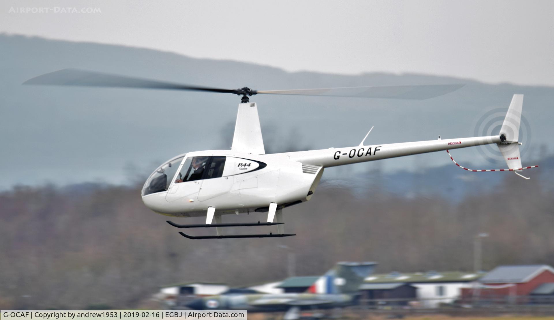 G-OCAF, 2018 Robinson R44 Cadet C/N 30041, G-OCAF landing at Gloucestershire Airport.