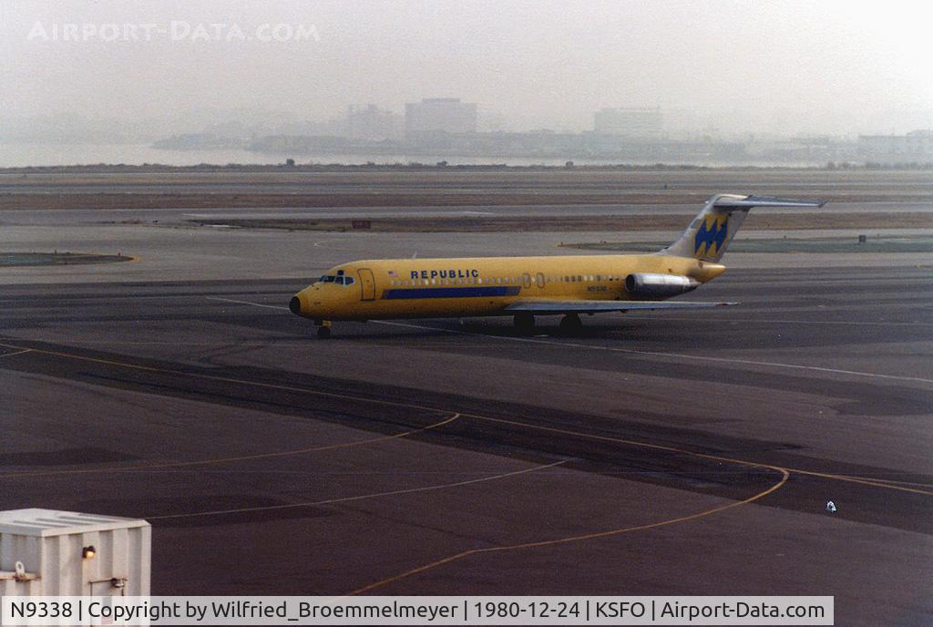 N9338, 1969 Douglas DC-9-31 C/N 47347, Hughes Airwest merged into Republic Airlines - seen from Observer Deck at San Francisco Airport.
