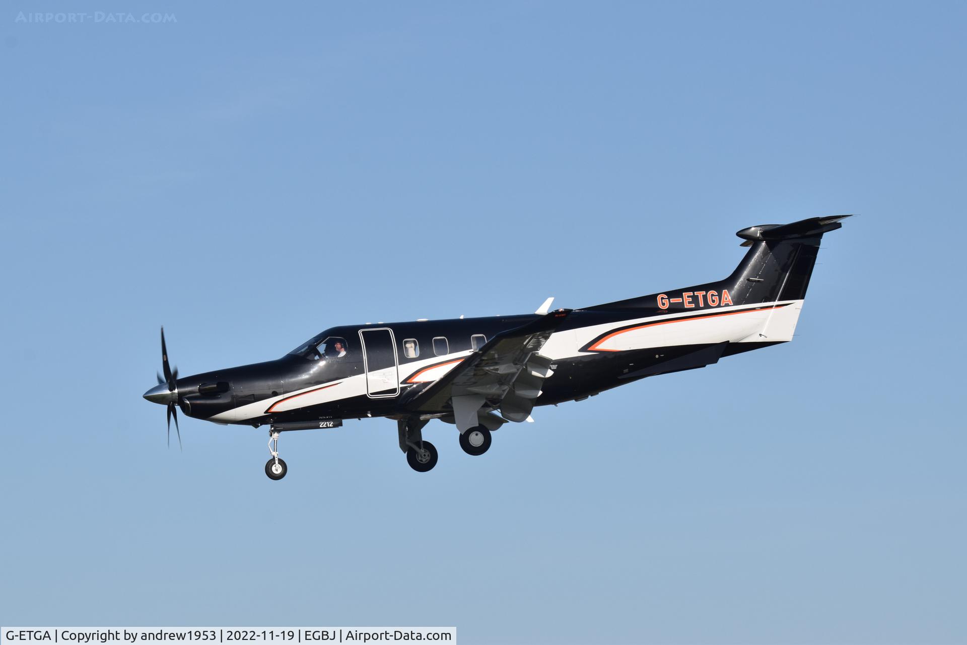 G-ETGA, 2022 Pilatus PC-12/47E C/N 2212, G-ETGA landing at Gloucestershire Airport.