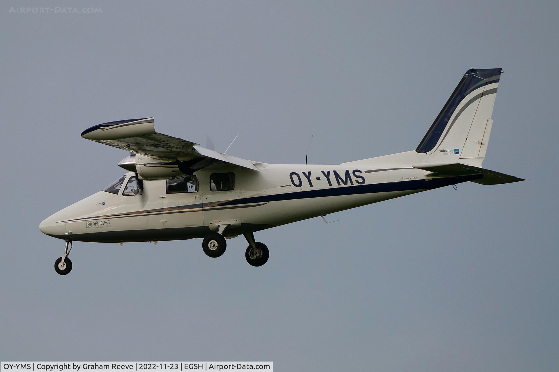 OY-YMS, 2022 Partenavia P.68C C/N 520/C, Landing at Norwich.