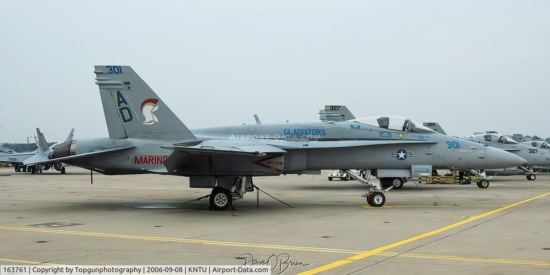 163761, 1989 McDonnell Douglas F/A-18C Hornet C/N 0839, F/A-18C Demo bird tied down on the ramp.