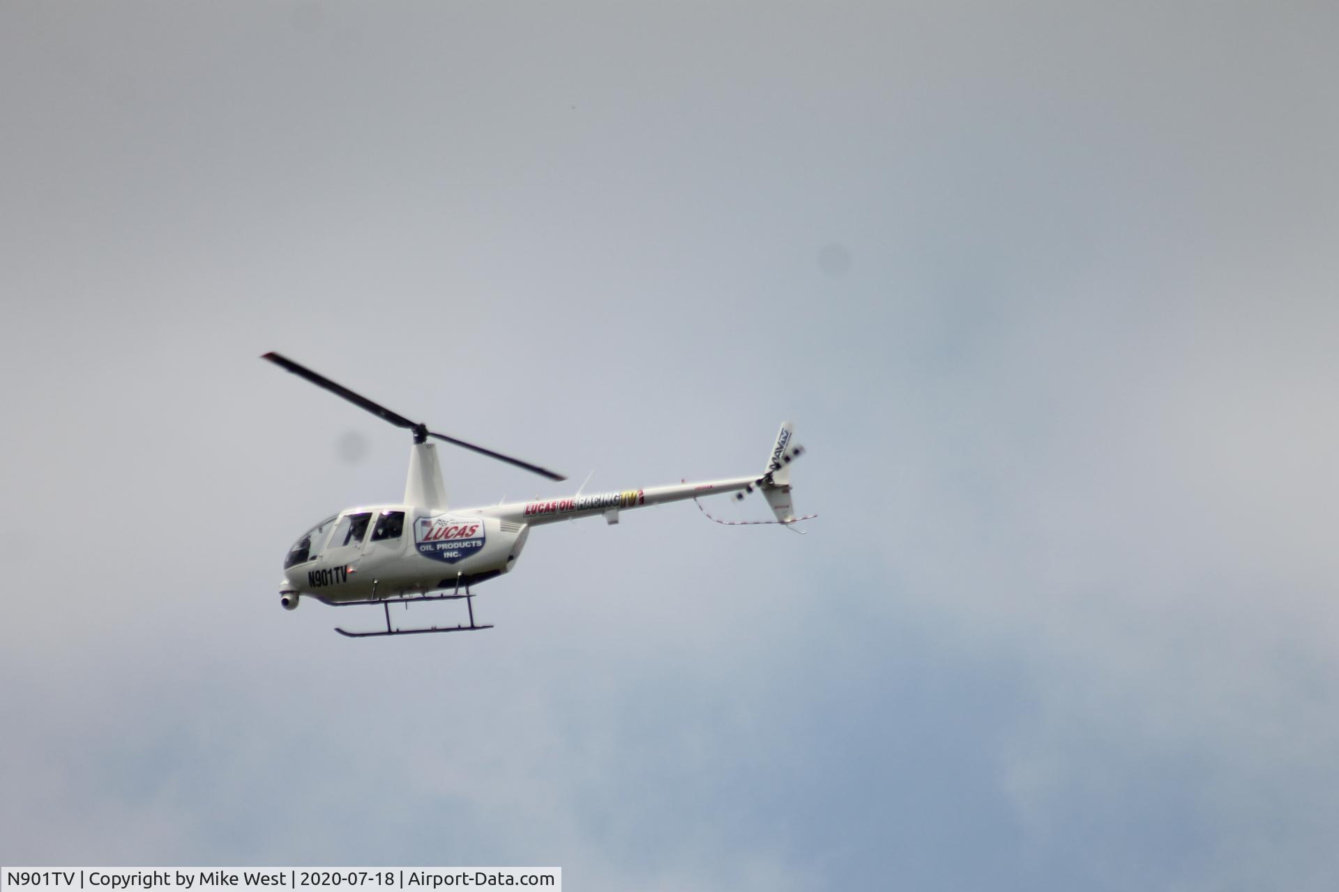 N901TV, 2010 Robinson R44 II C/N 13040, In duty for TV race coverage of the 2020 NHRA Lucas Oil Summernationals at Lucas Oil Raceway in Indianapolis.
