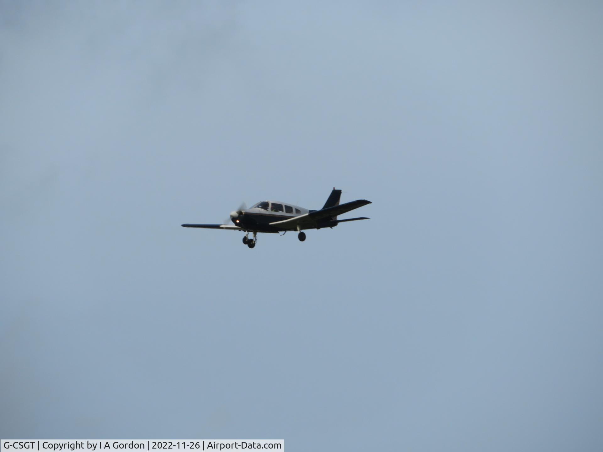 G-CSGT, 1988 Piper PA-28-161 Cherokee Warrior II C/N 2816069, Landing at Cranfield airfield this afternoon, Sat 26 November 2022