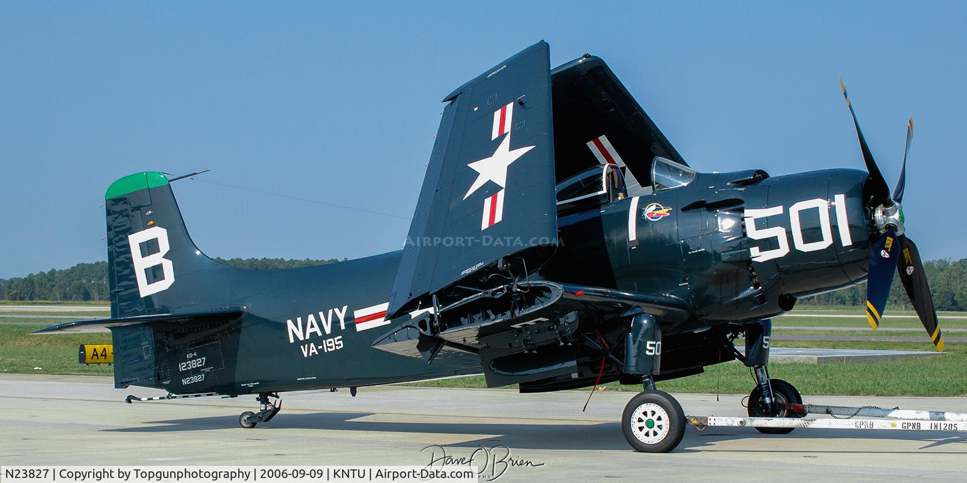 N23827, 1949 Douglas AD-4 C/N 7133, being towed to the front of the line.