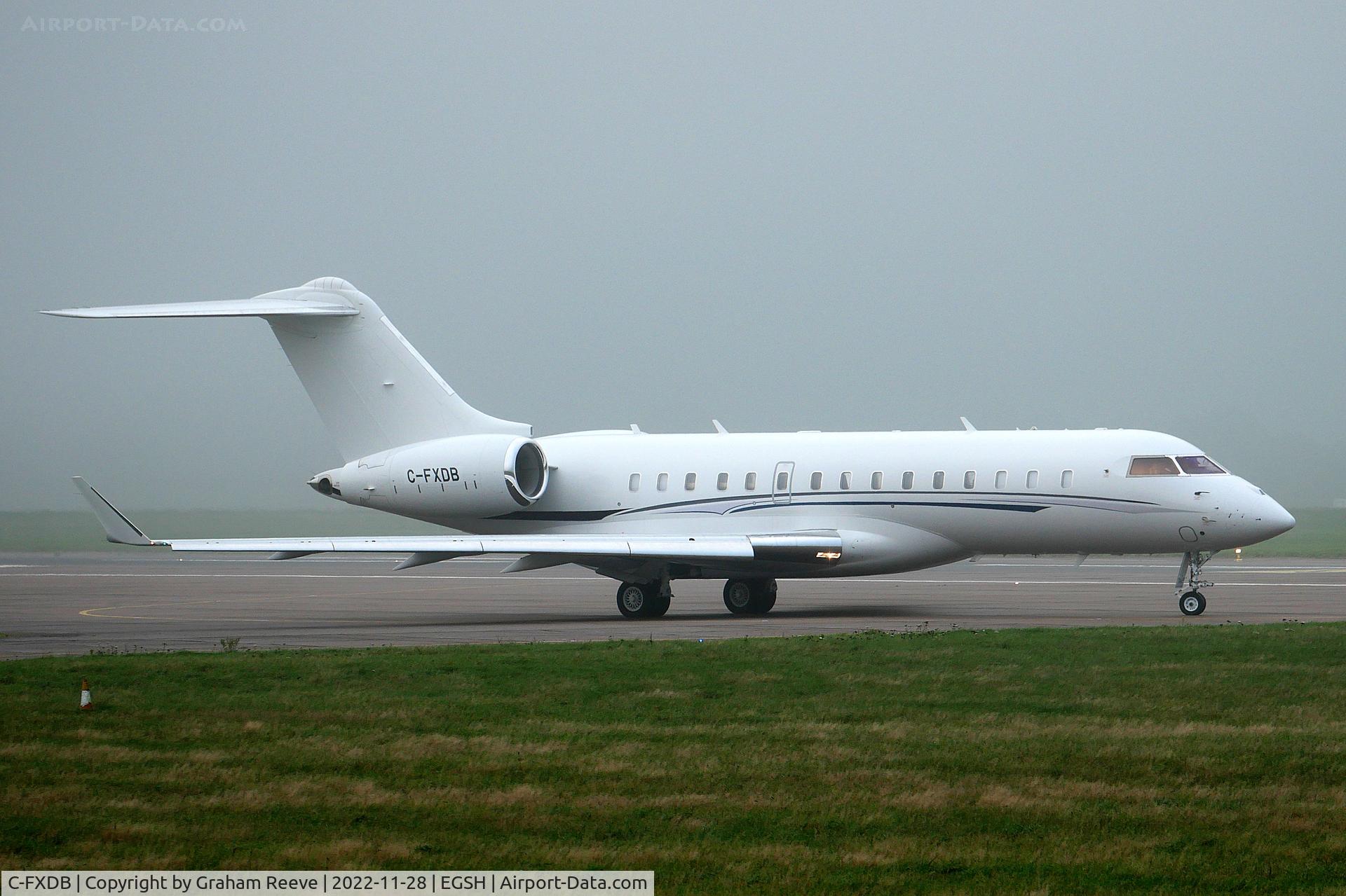 C-FXDB, 2015 Bombardier BD-700-1A10 Global 6000 C/N 9720, Departing from Norwich in fog.