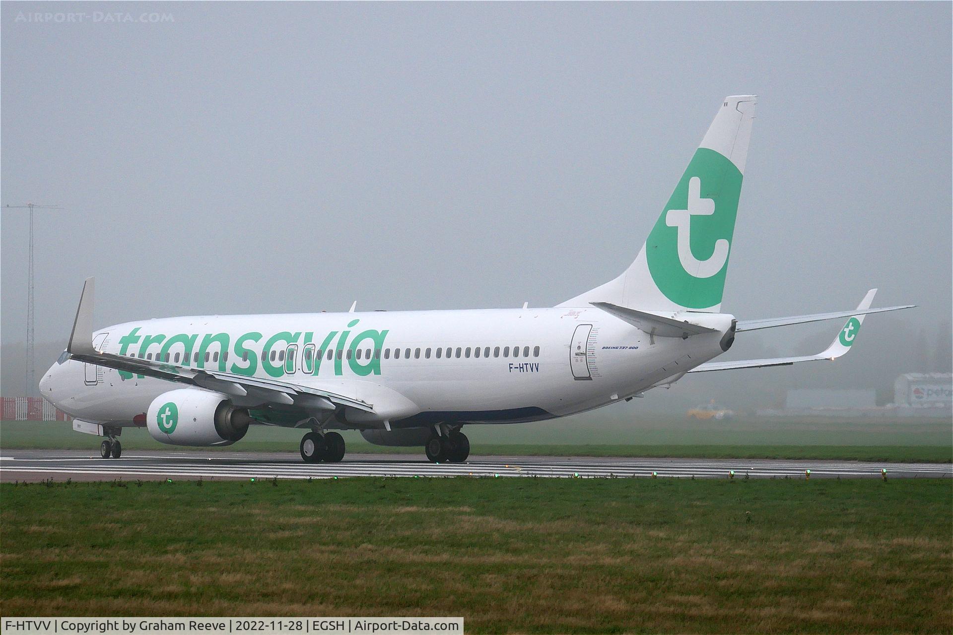 F-HTVV, 2012 Boeing 737-8JP C/N 39019, Departing from Norwich in fog.